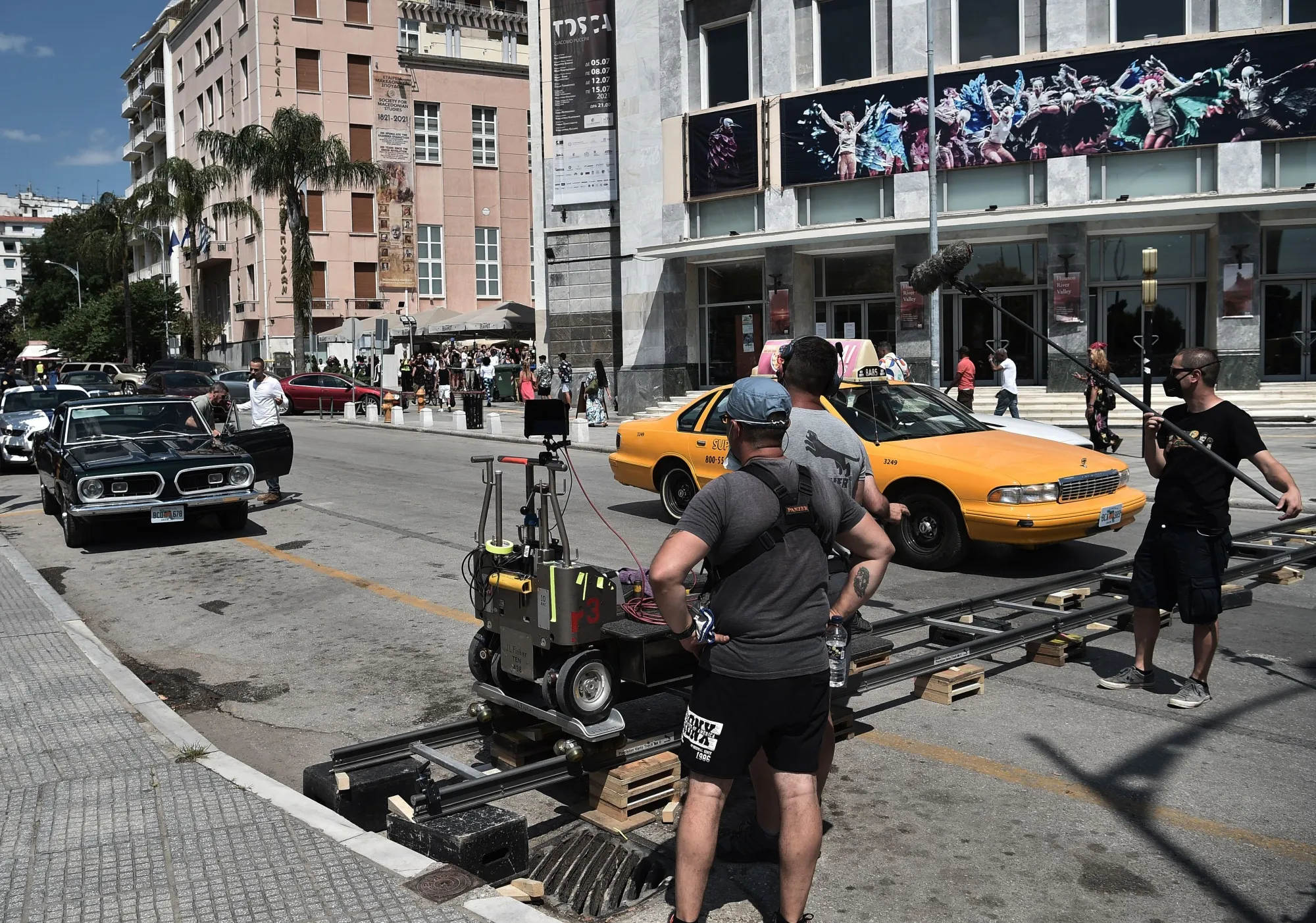 Antonio Banderas , left, filming the action thriller “The Enforcer” in Thessaloniki, Greece in July.