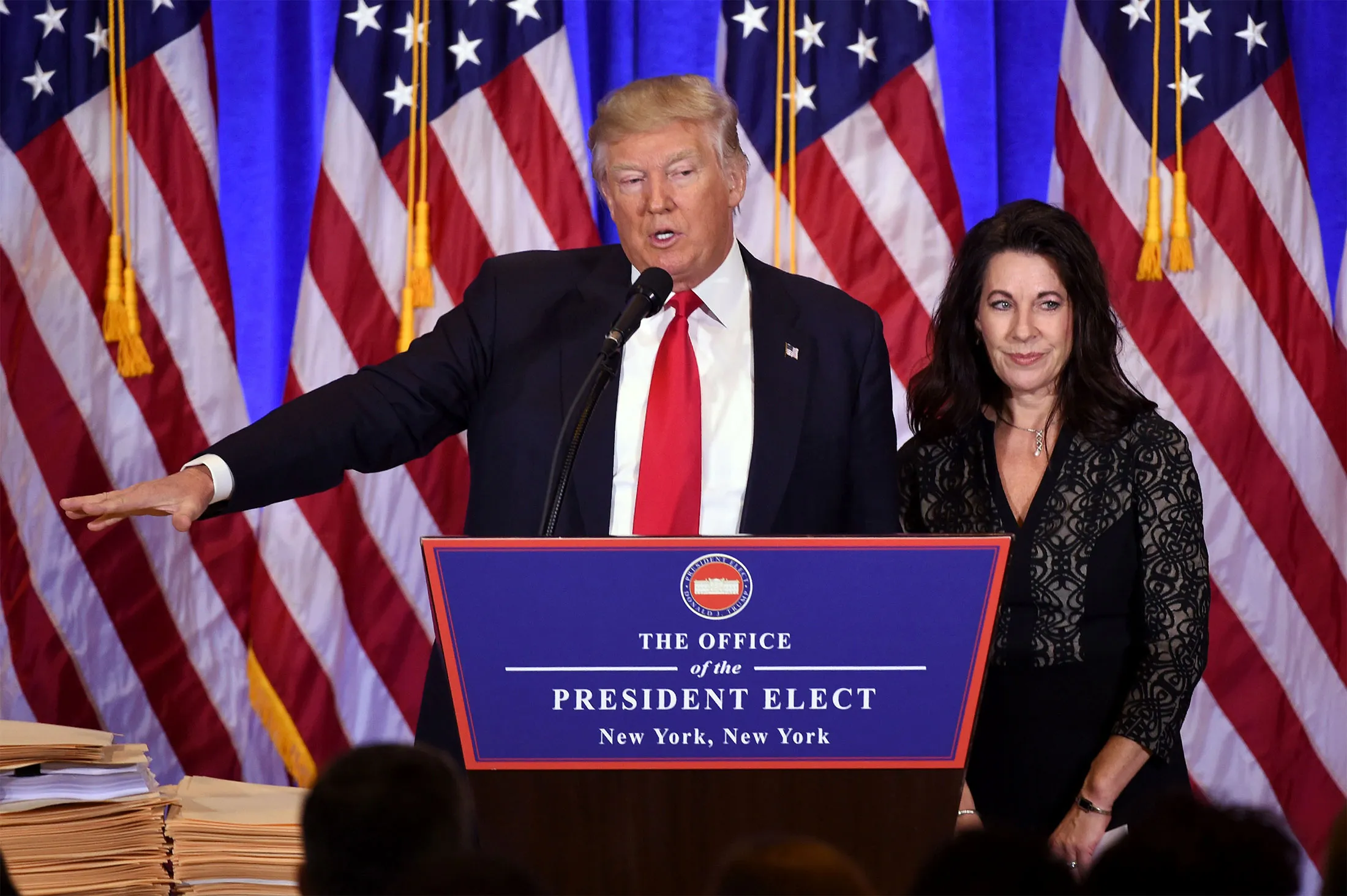 Donald Trump holds a news conference with attorney Sheri Dillon in New York on Jan. 11, 2017.