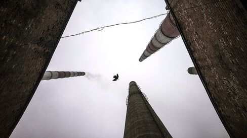 Chimneys at a thermal power station in Shchastia, Ukraine.