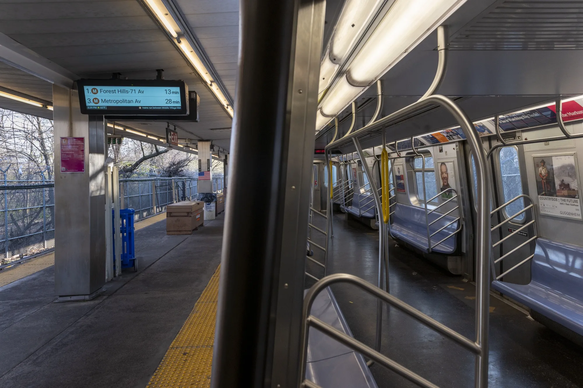 A subway sits empty at the Metropolitan Avenue M station in the Queens borough of New York on April 7, 2020.&nbsp;
