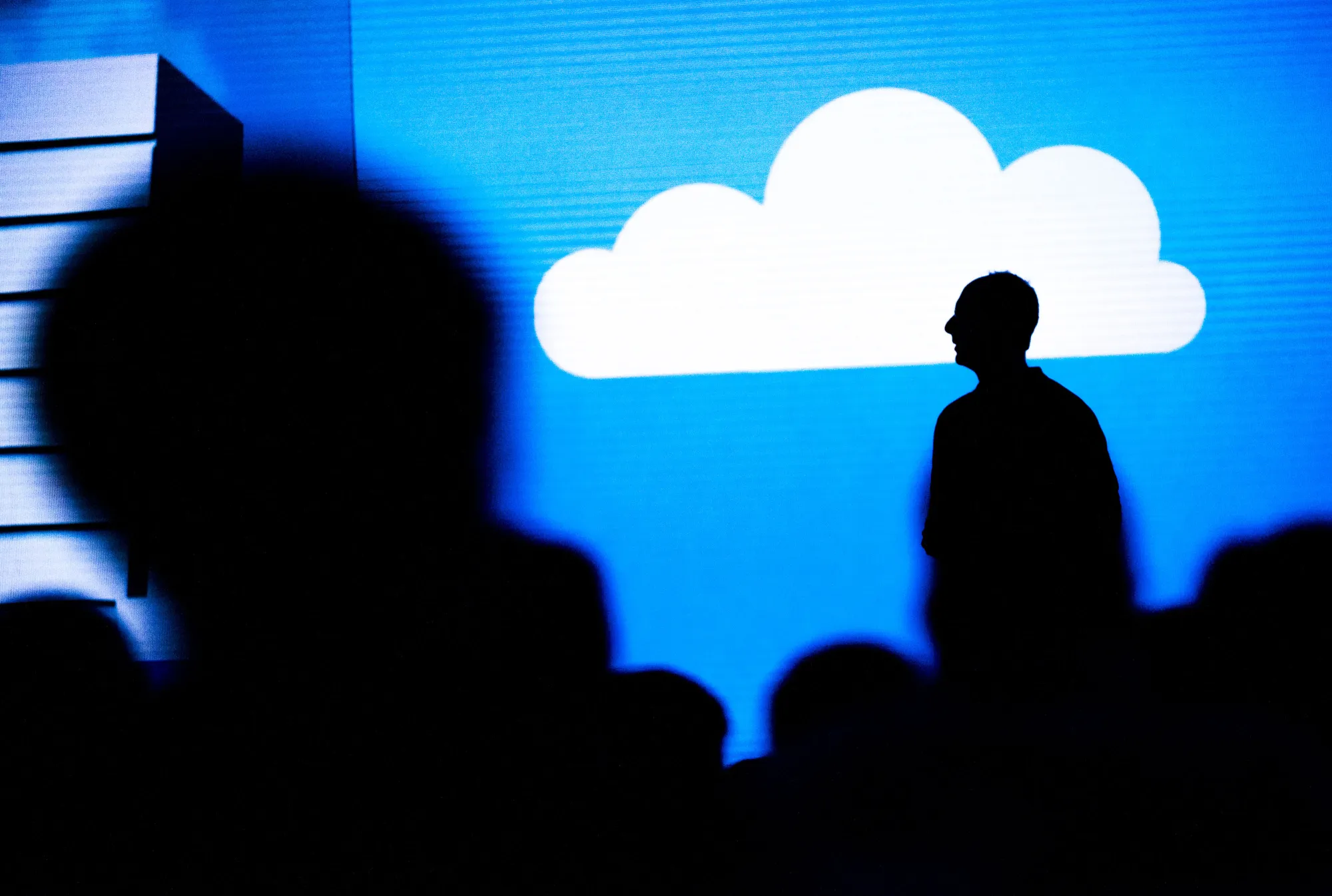 The silhouette of a Microsoft executive&nbsp;speaking&nbsp;during a keynote session at the Microsoft Developers Build Conference in San Francisco on&nbsp;March 31, 2016.