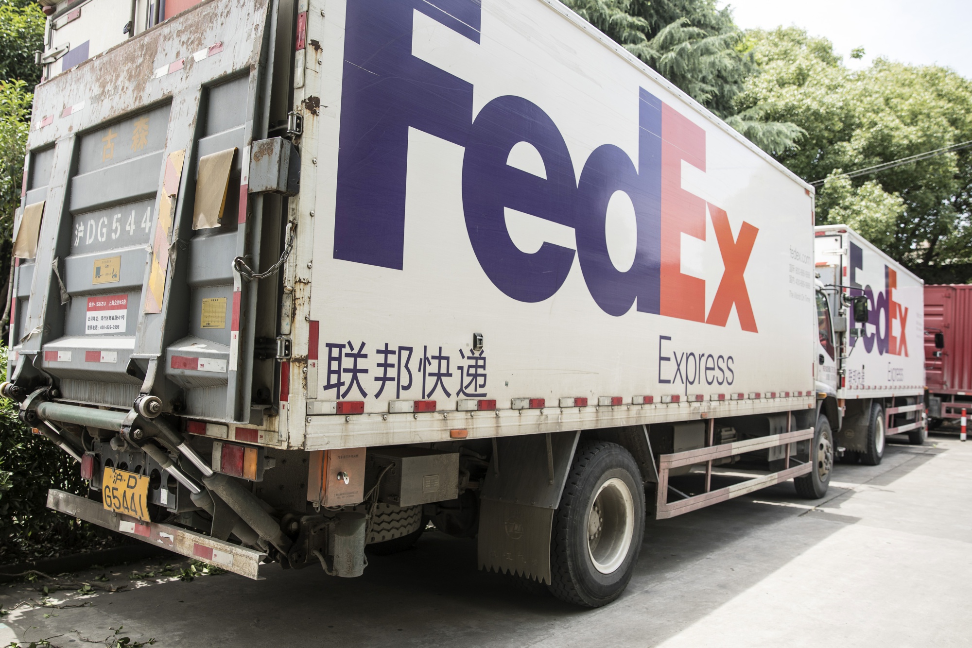 FedEx trucks in Shanghai.