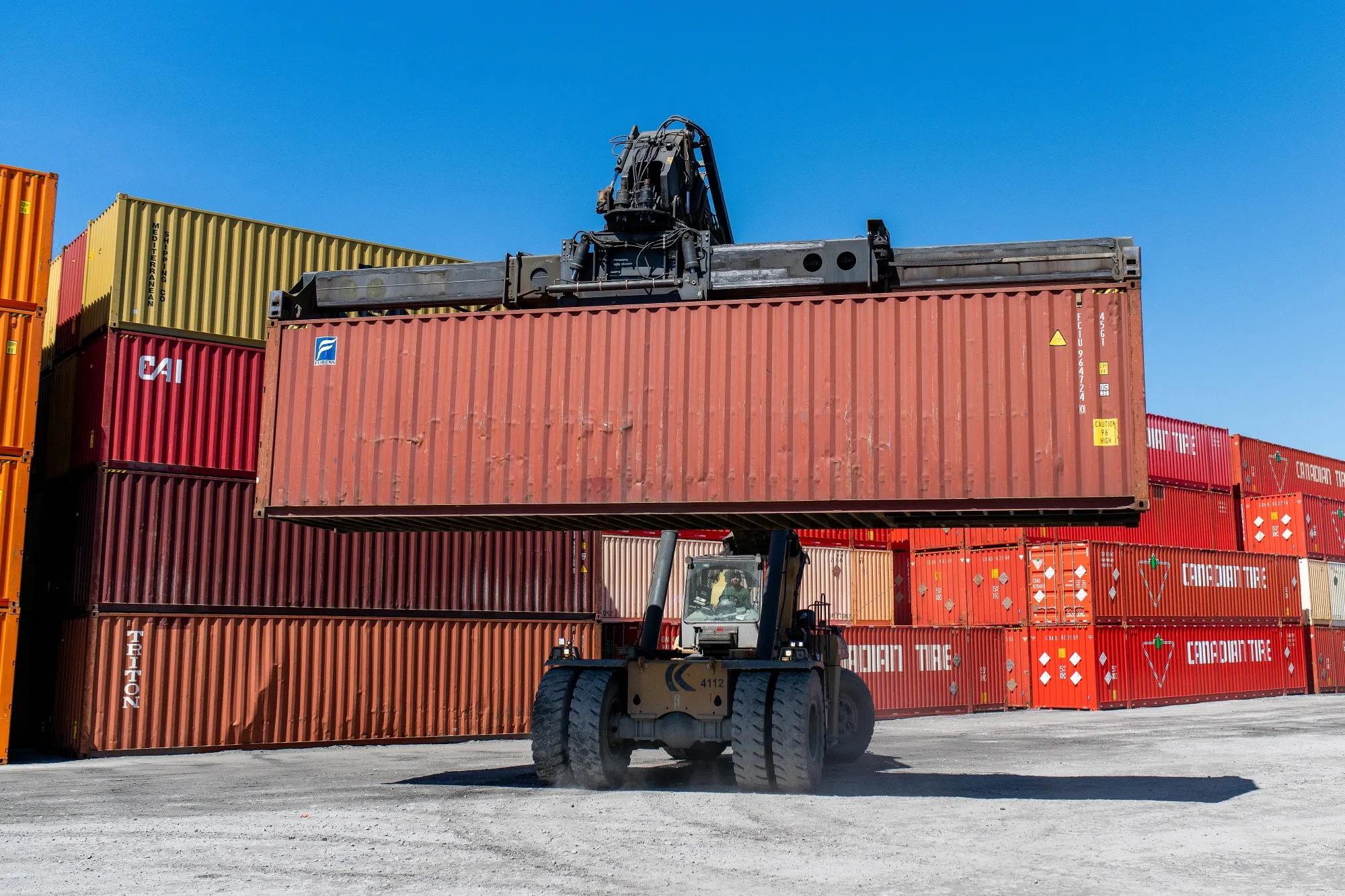 Shipping containers at the Ray-Mont Logistics facility in the Port of Prince Rupert in Prince Rupert, British Columbia, Canada.