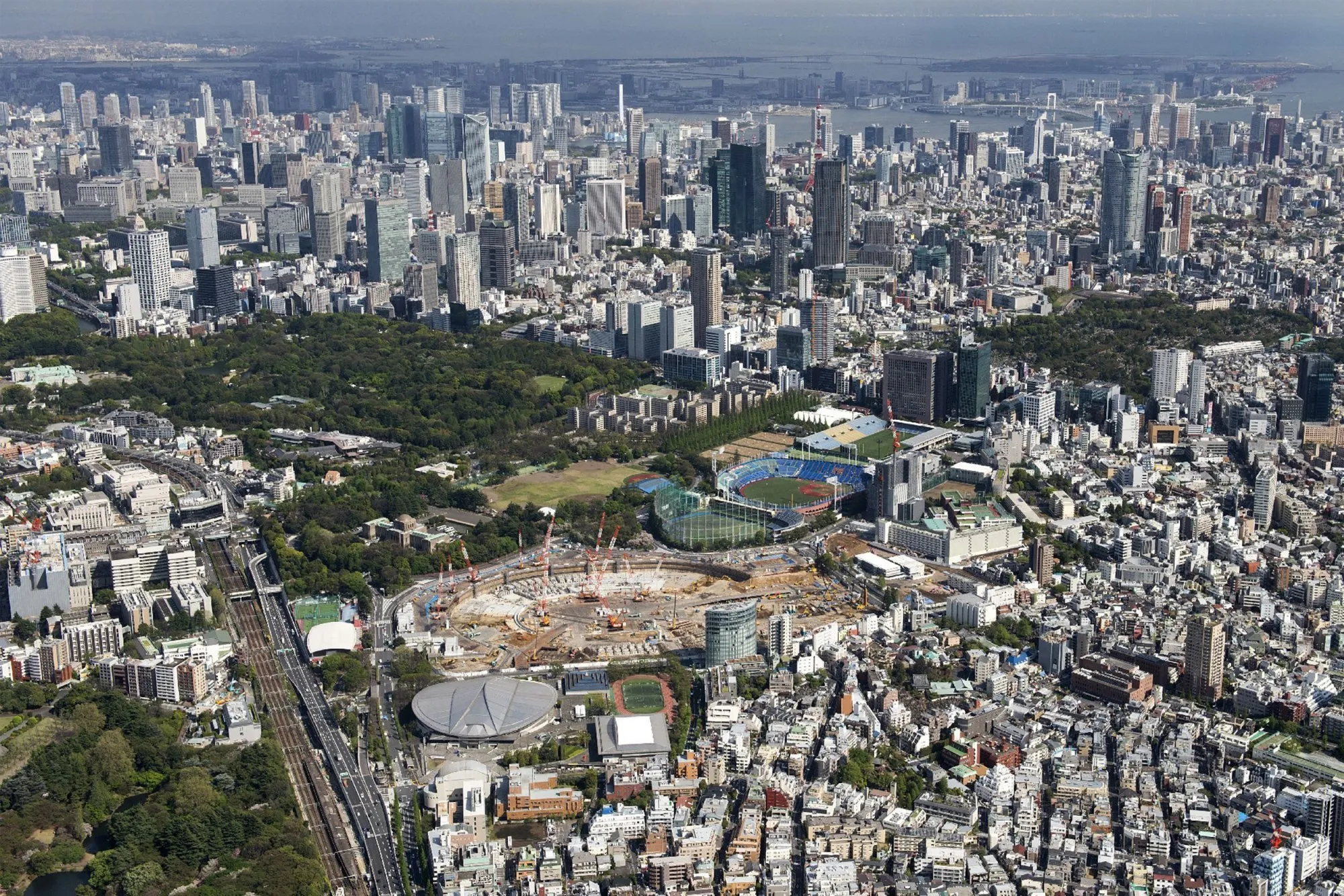 Ongoing construction at Japan's National Stadium in April 2017.
