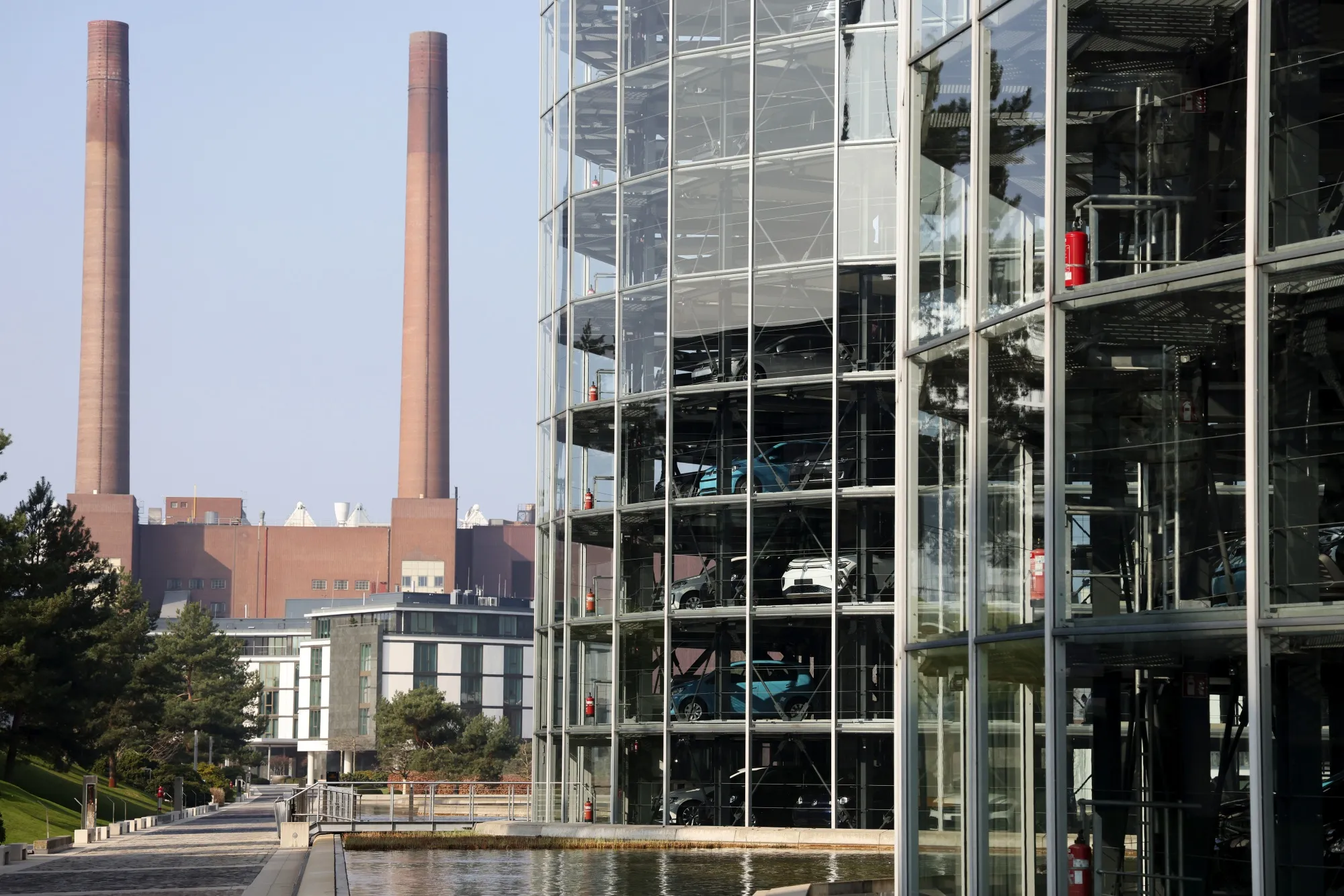 Automobile delivery towers at the VW plant in Wolfsburg.