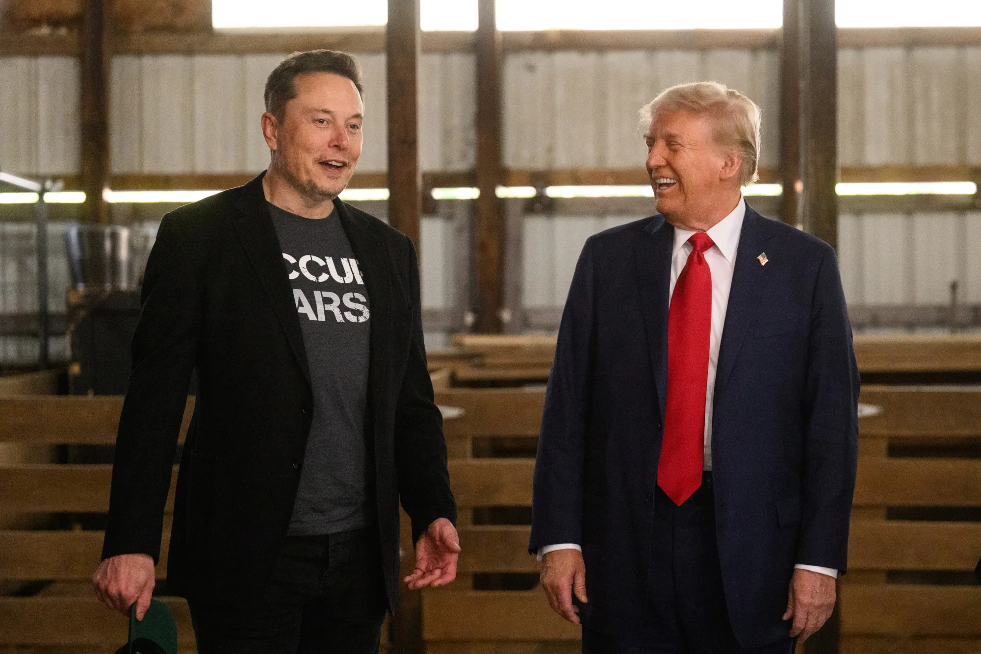 Elon Musk and Donald Trump backstage prior to a campaign event in Butler, Pennsylvania last month.&nbsp;