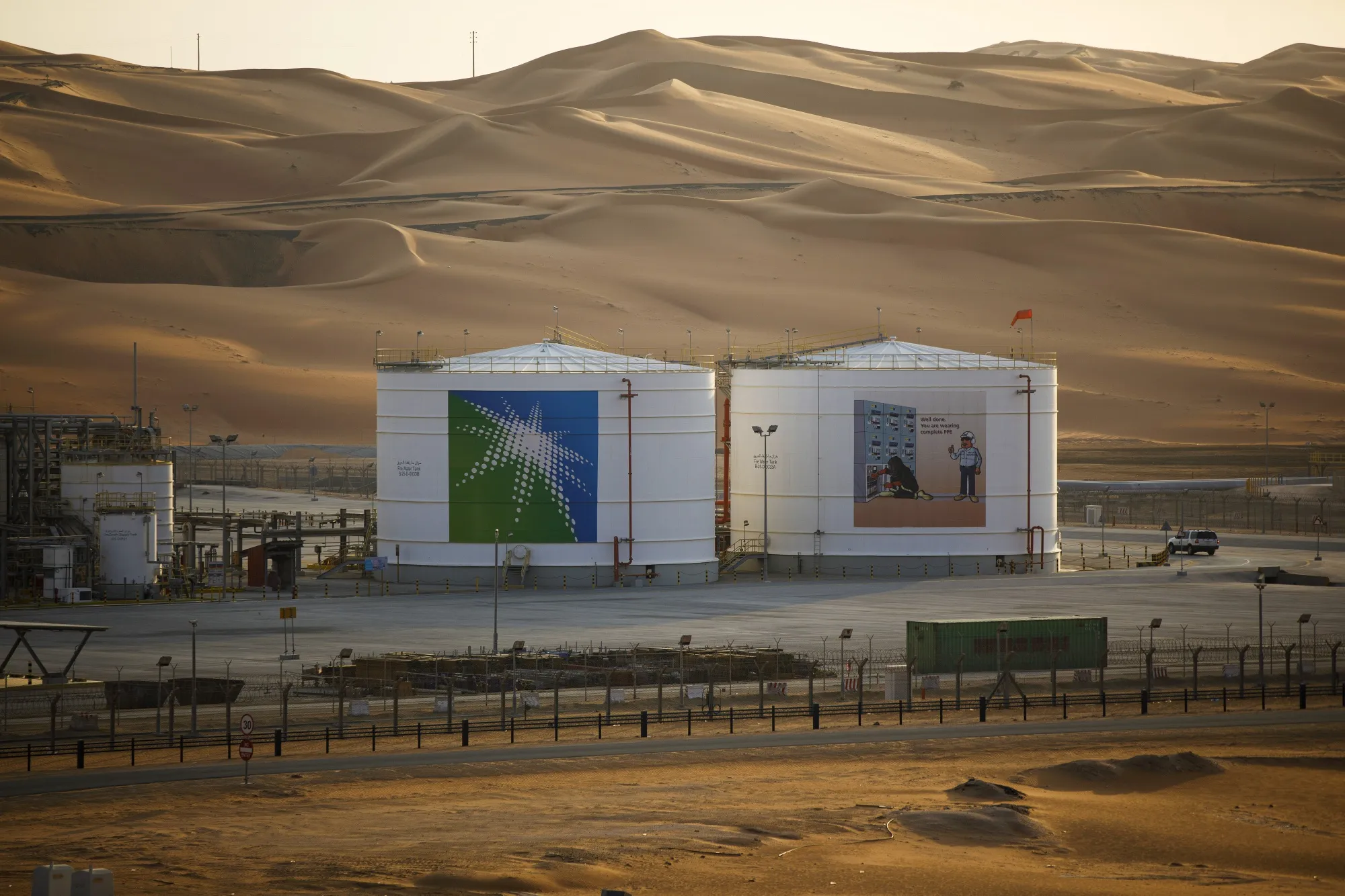 Storage tanks at an oil processing facility in Saudi Aramco's Shaybah oilfield.