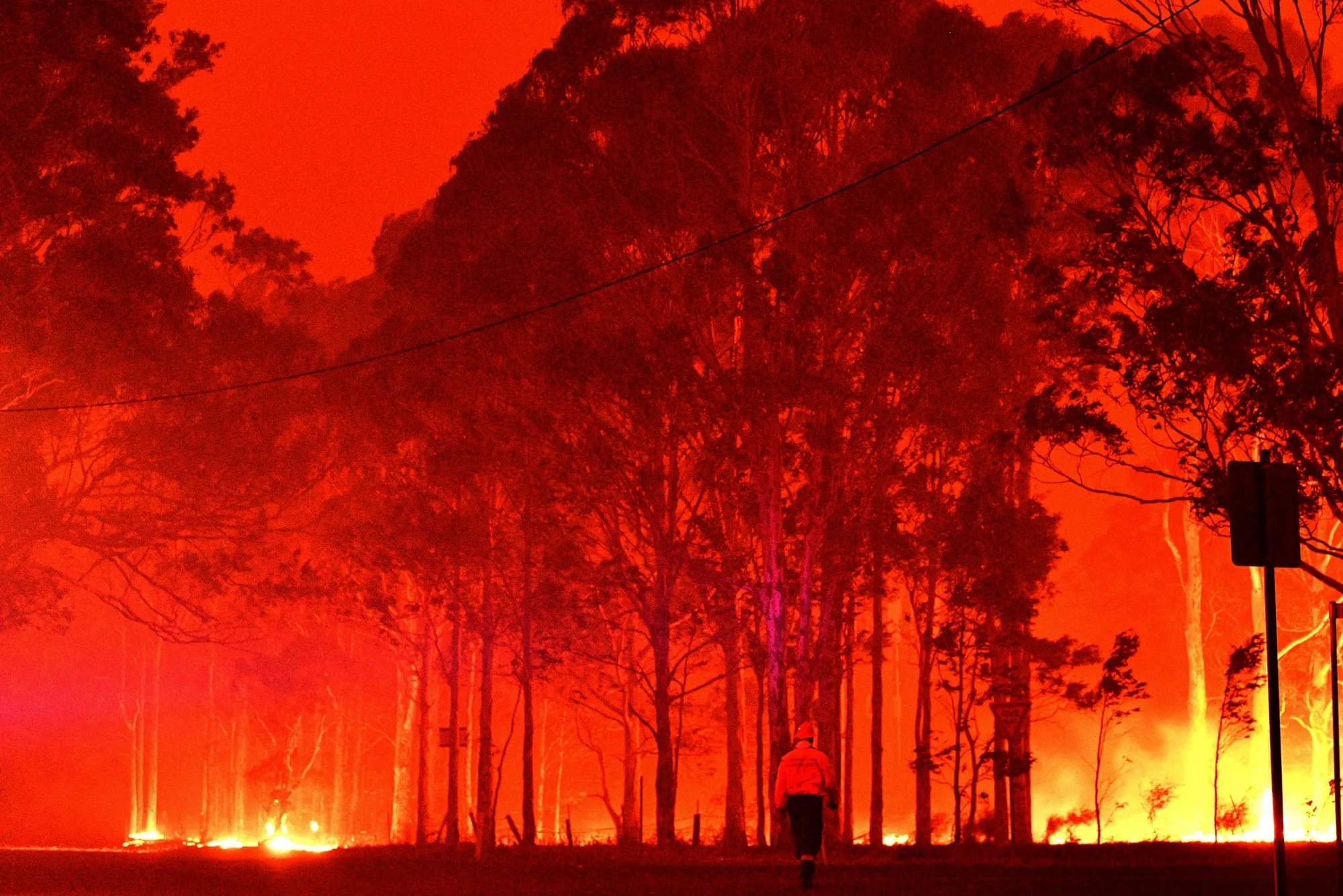 A firefighter walks past burning trees during a battle against bushfires around the town of Nowra in New South Wales,. Australia on Dec.&nbsp;31.