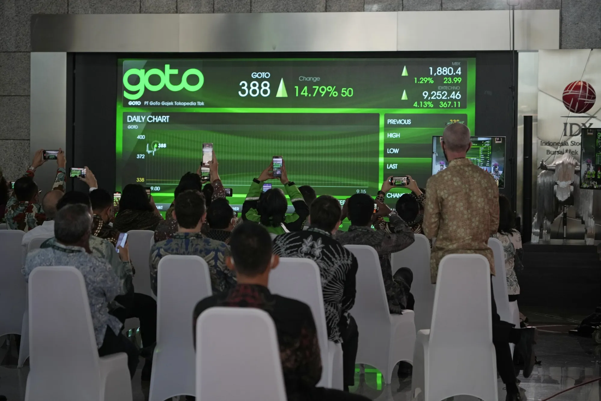 Goto Group at the lobby of the Indonesia Stock Exchange (IDX) in Jakarta, in April 11.&nbsp;