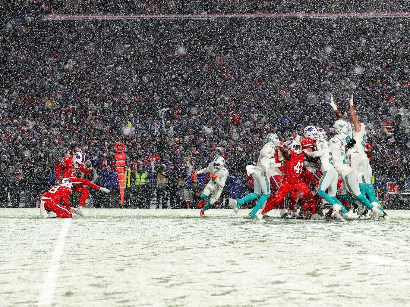 Tyler Bass&nbsp;of the Buffalo Bills kicks the game winning field goal against the Miami Dolphins in Orchard Park, New York&nbsp;on Dec.&nbsp;17.