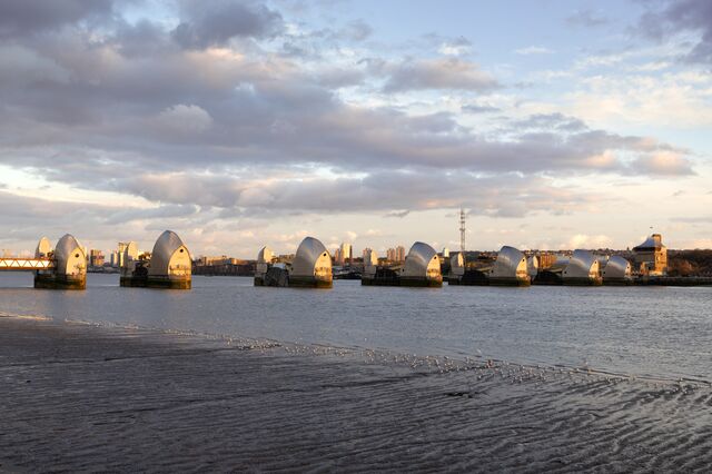 The retractable Thames Barrier system which is used to prevent river flooding in London. 