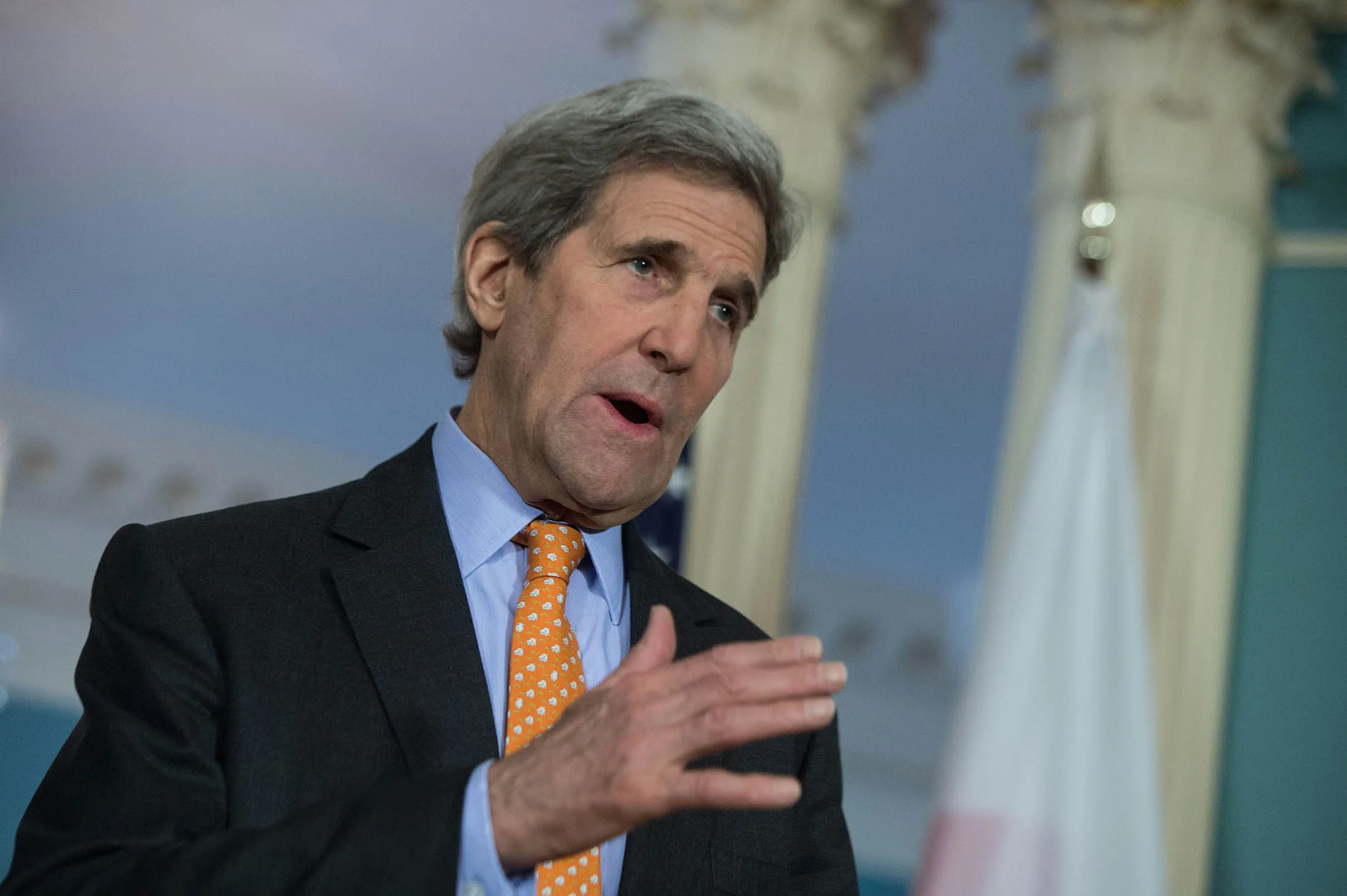 US Secretary of State John Kerry speaks to the press prior to talks with the Polish Foreign Minister at the State Department in Washington, DC, on February 17, 2016. Kerry slammed China for its increased 'militarization' in the strategically important South China Sea, after Taiwan said Beijing deployed surface-to-air missiles on a disputed island there.
