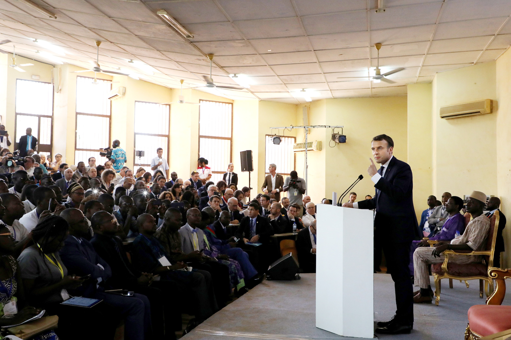 Emmanuel Macron&nbsp;speaks at Ouagadougou University on Nov. 28.