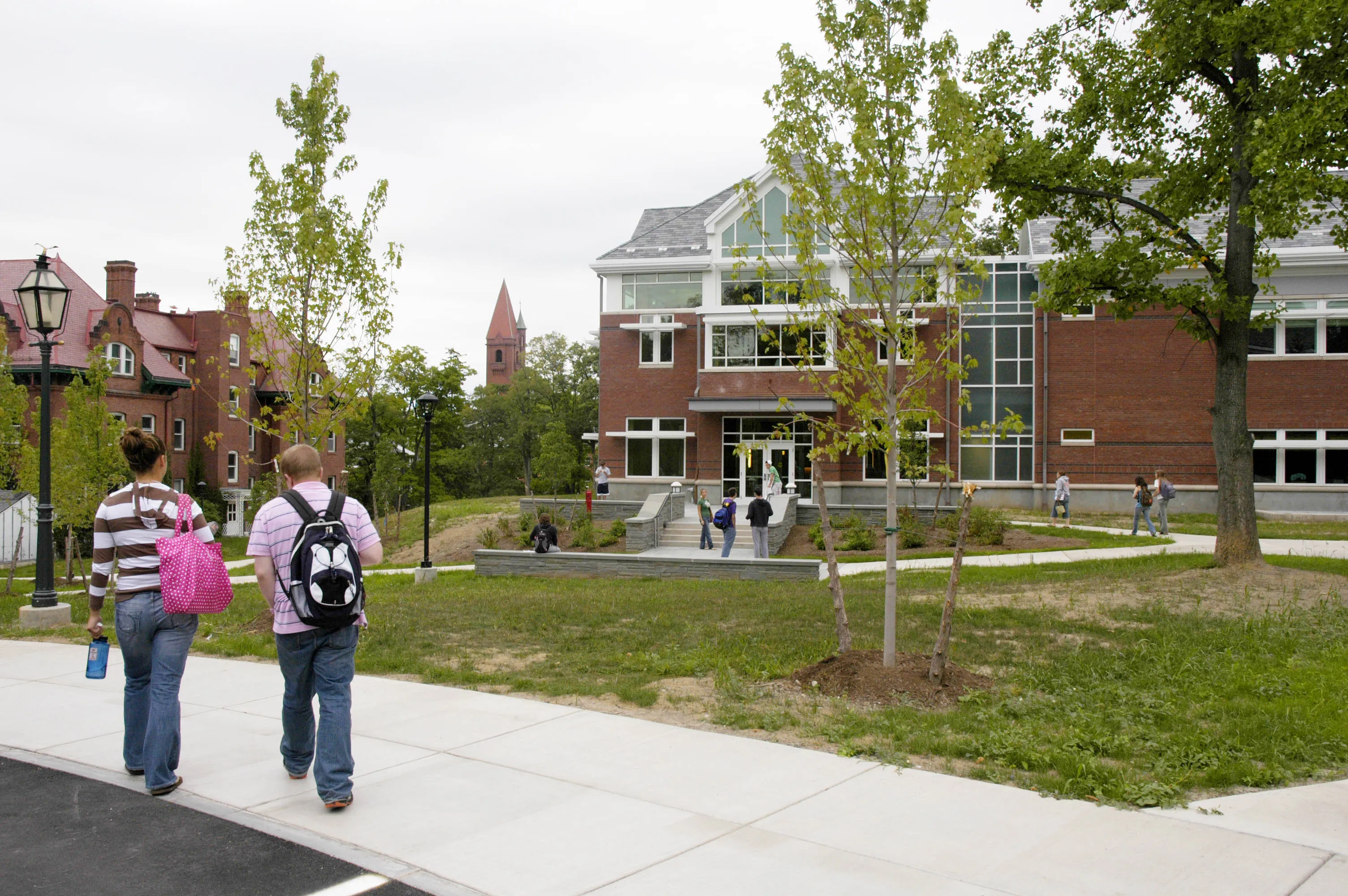 Students walk in the campus at Wells College in Aurora, NY.