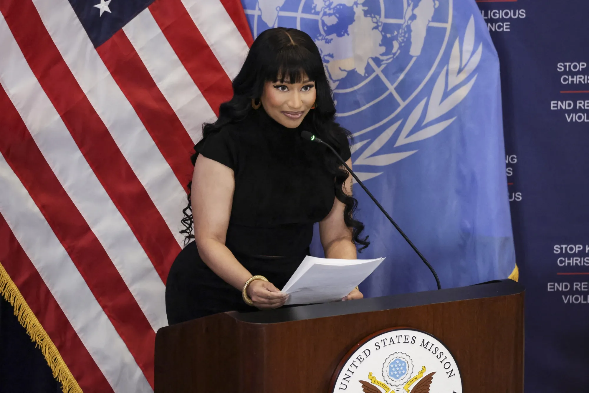 Nicki Minaj speaks at the US Mission to the United Nations in New York on Nov. 18.