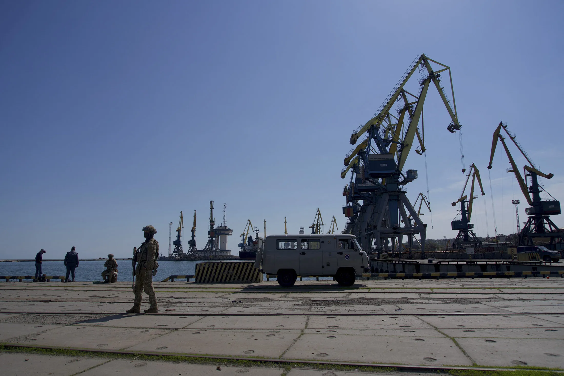 Russian servicemen guard&nbsp;the Port of Mariupol on April 29.
