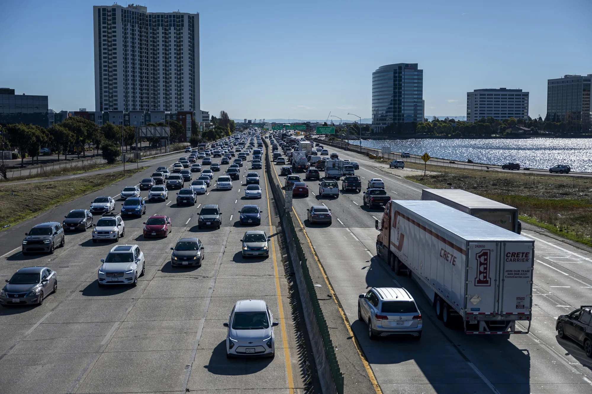 Traffic moves along Interstate 80 in Emeryville, California.