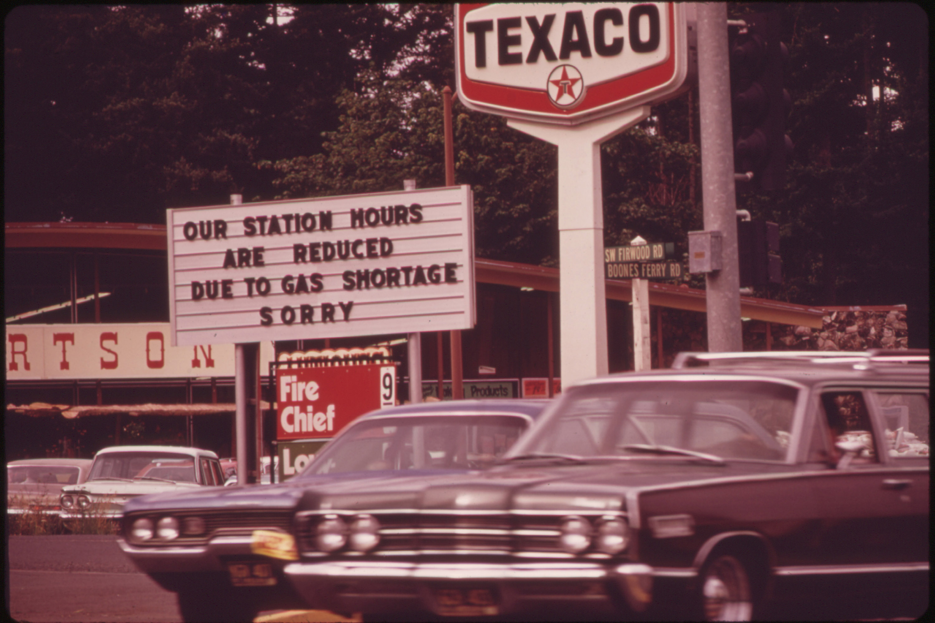 One of many service stations in the Portland, Ore., area carrying signs reflecting the gasoline shortage, in June 1973.&nbsp;