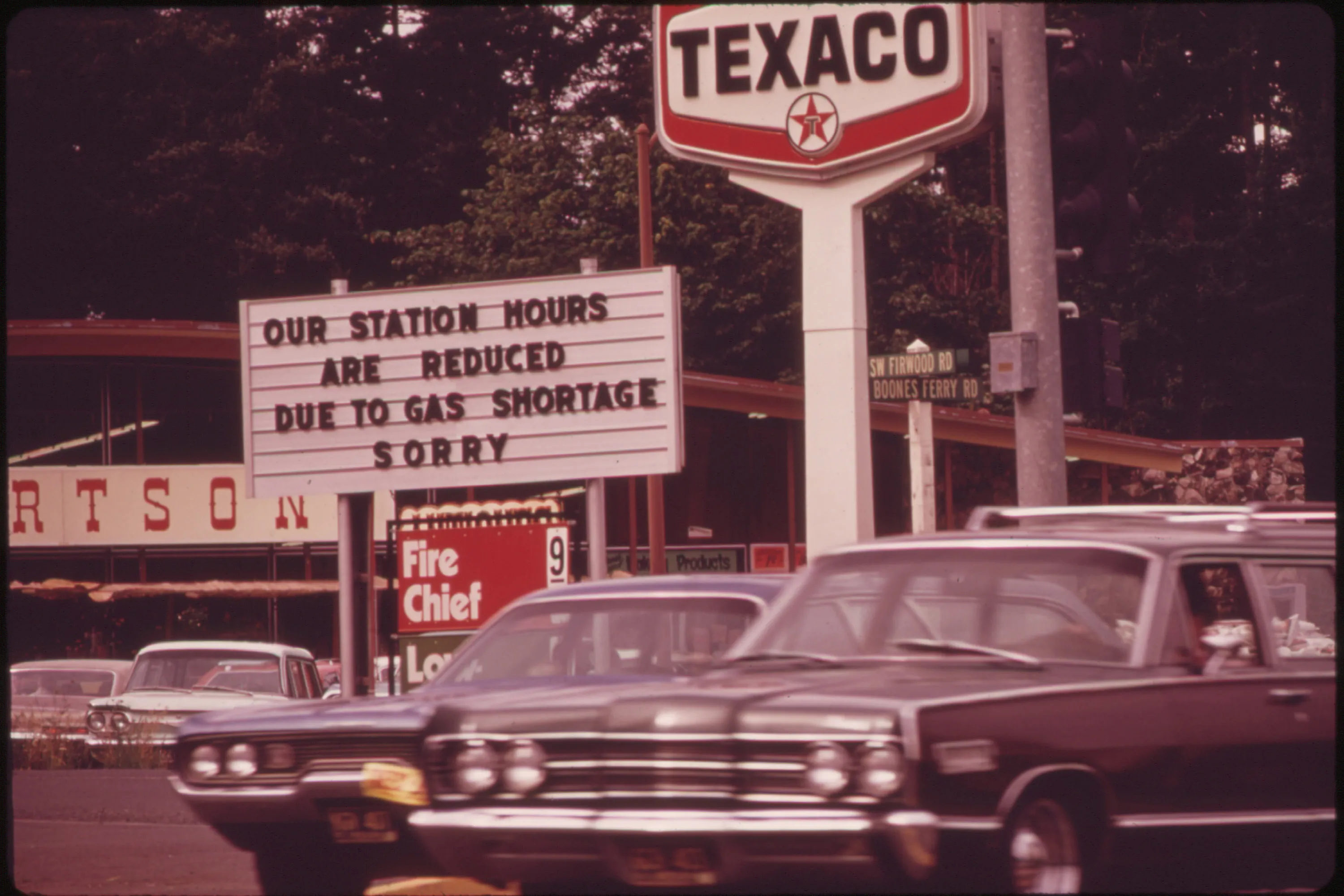 One of many service stations in the Portland, Ore., area carrying signs reflecting the gasoline shortage, in June 1973.&nbsp;