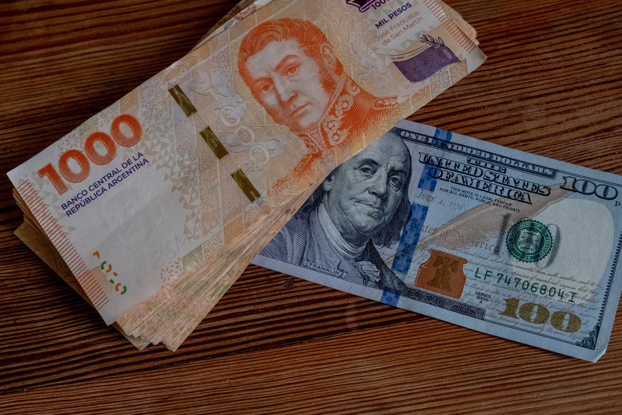Argentine peso banknotes equivalent to 100 US dollars in Buenos Aires.