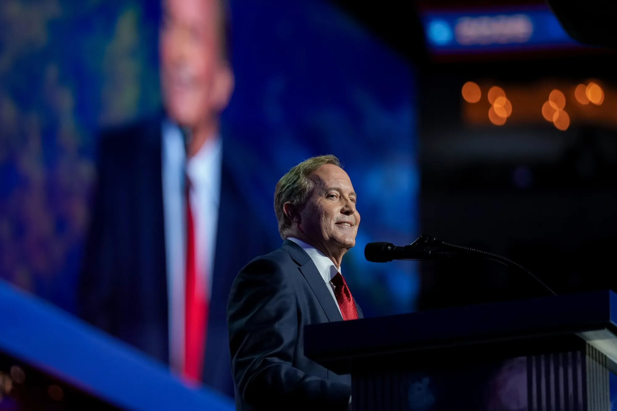 Ken Paxton, Texas attorney general and Republican US Senate candidate, during the first day of the Republican Midterm Convention at the American Airlines Center in Dallas, Texas, on Sept. 9, 2026.