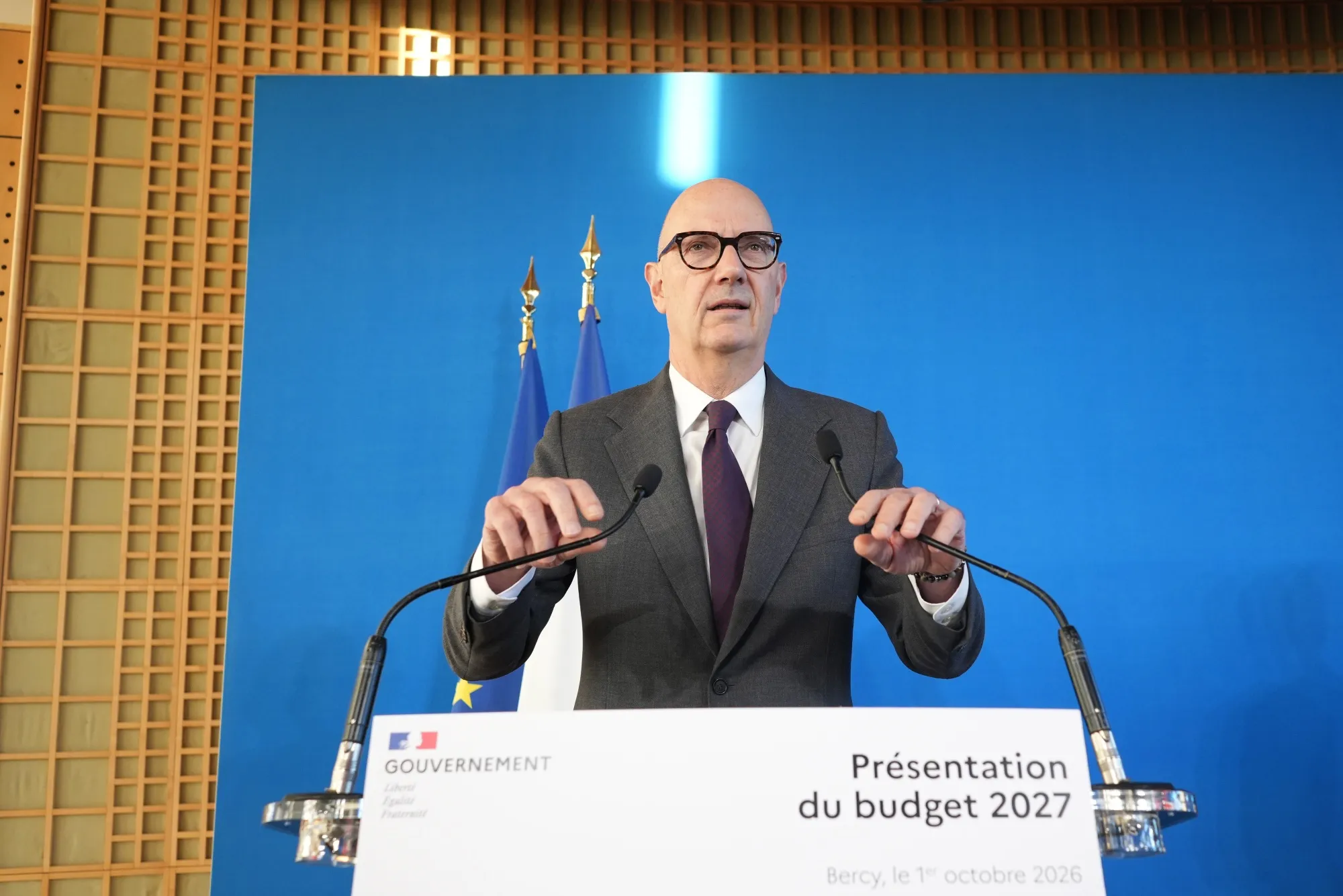 Roland Lescure, France’s finance minister, at a news conference about the 2027 budget in Paris, France, on Thursday, Oct. 1, 2026.