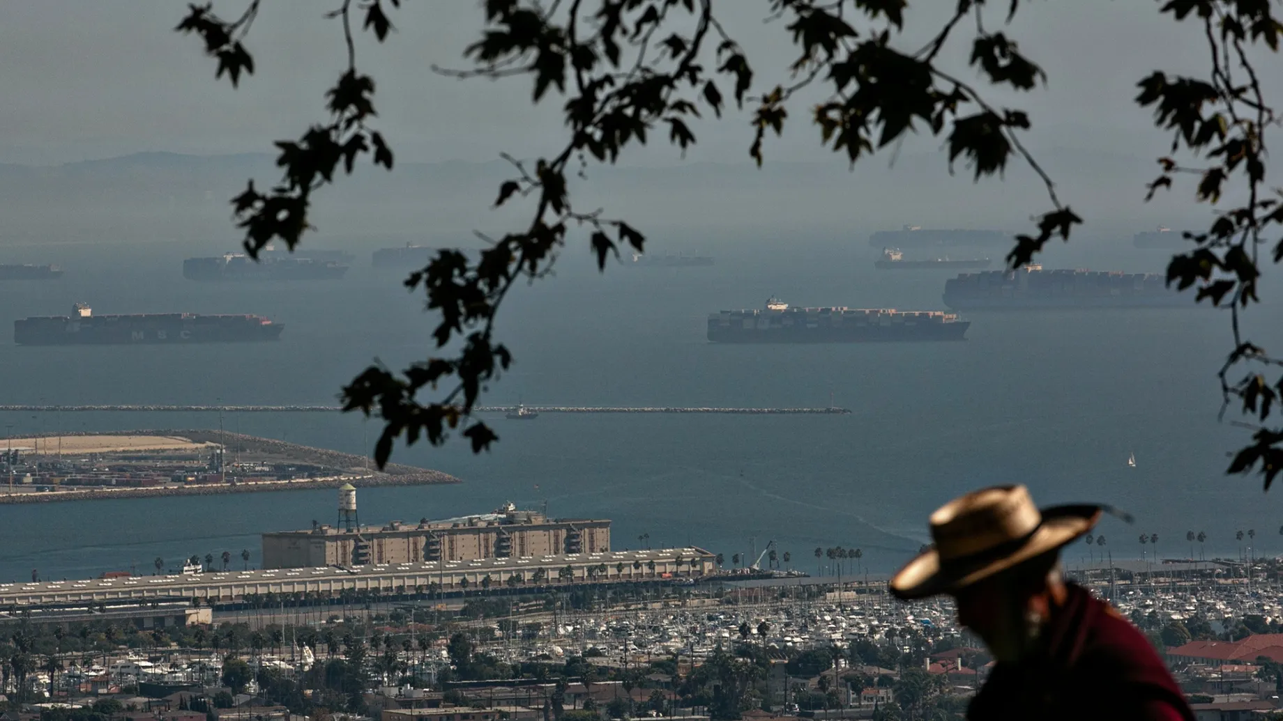 The Port of Los Angeles&nbsp;with&nbsp;incoming cargo ships waiting offshore, on Oct. 13.