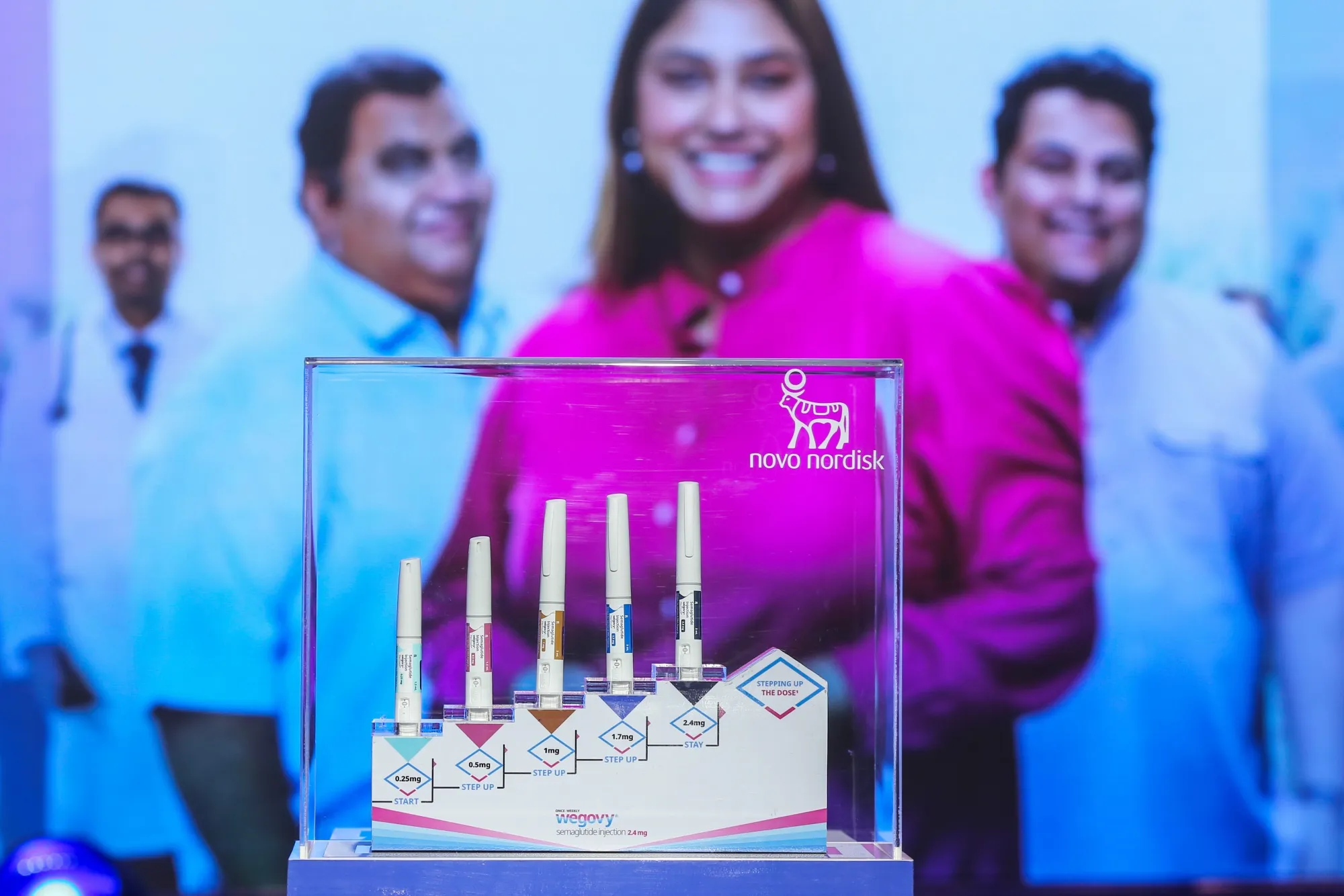 Injection pens for Wegovy, manufactured by Novo Nordisk A/S, on display during a news conference in Mumbai