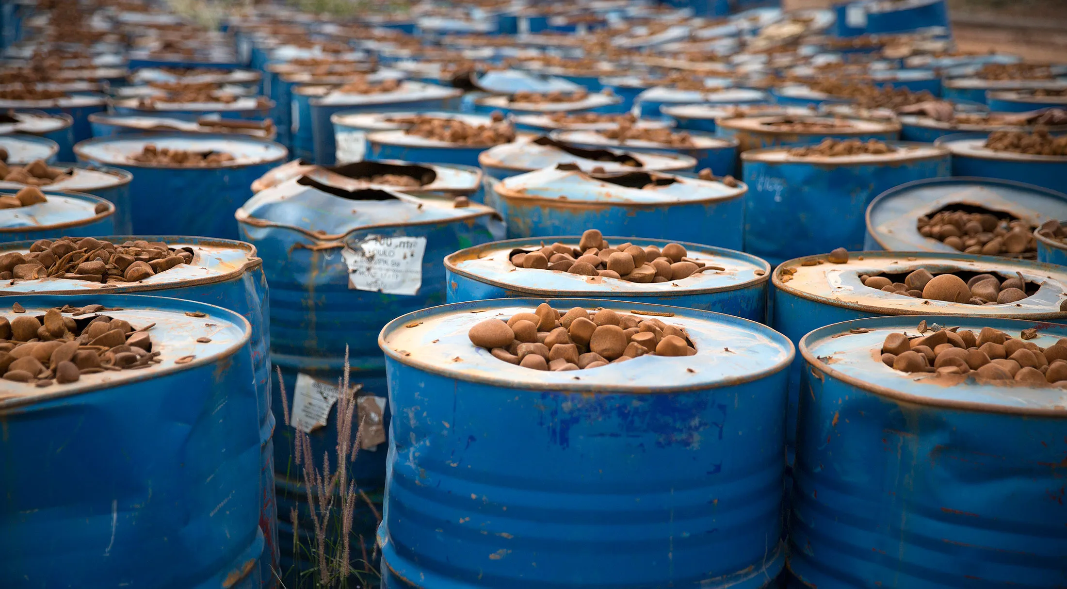 Barrels of processed iron ore rock sit in a storage area at the production plant for the Loulo-Gounkoto gold mine complex operated by Randgold Resources Ltd. in Loulo, Mali, on Thursday, Oct. 31, 2013. Randgold Resources Ltd., a producer of the precious metal in Africa, said there are opportunities to acquire mines on the continent as the biggest companies in the industry scale back operations in the face of lower prices.
