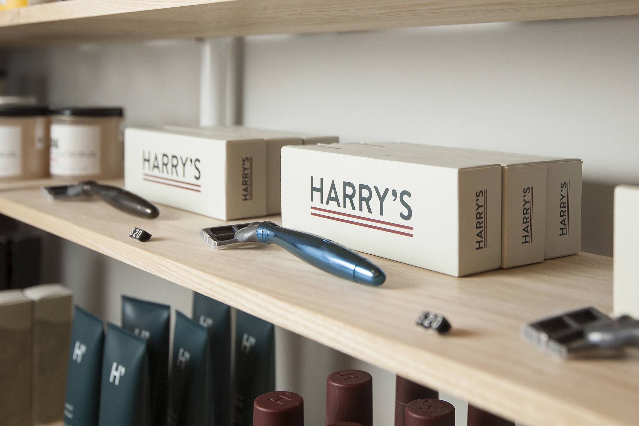 Products inside a  brick-and-mortar store for Harry's, the online purveyor of subscription shaving razors and other grooming items primarily for men, in New York.