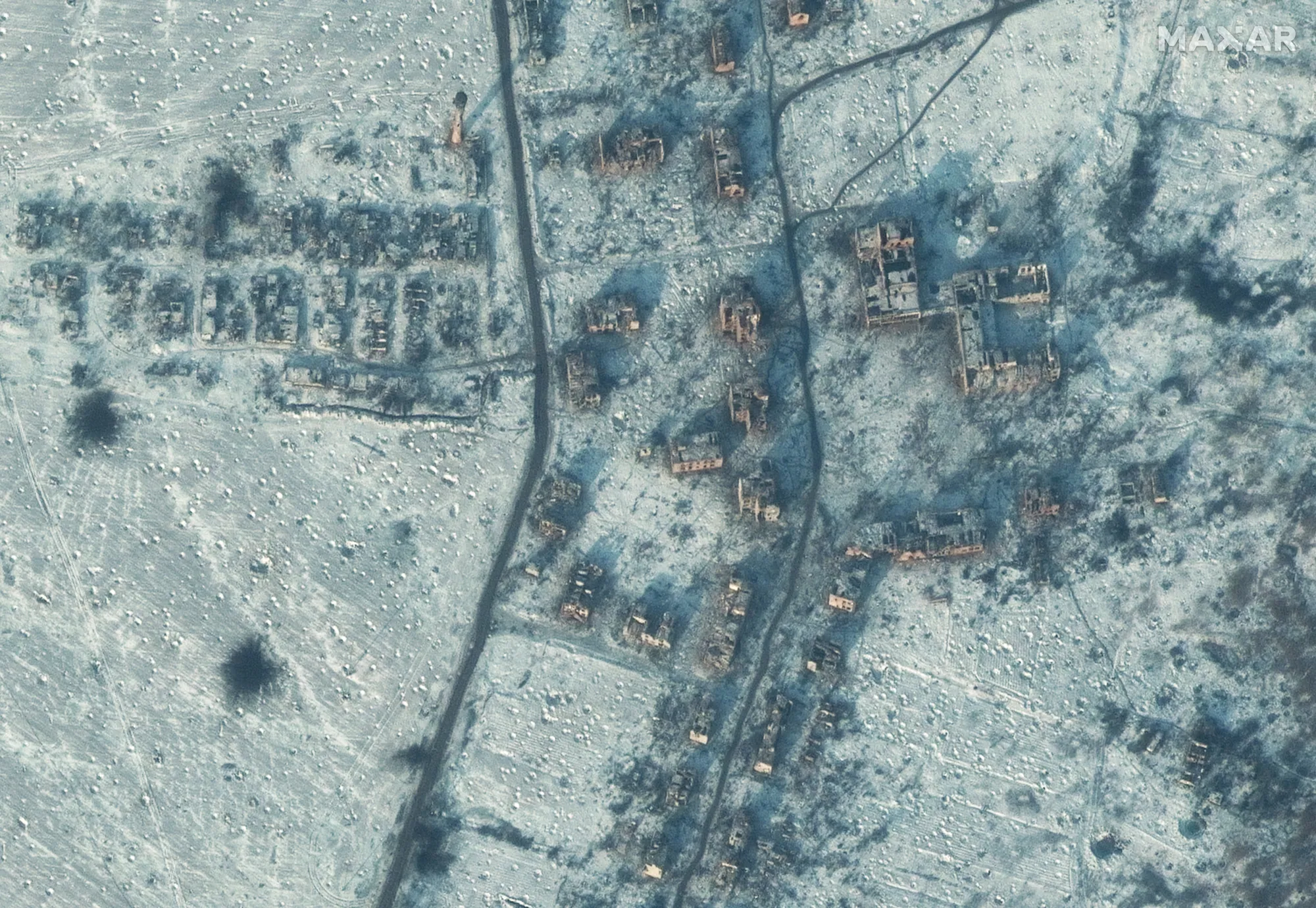 A destroyed school and buildings near Soledar, Ukraine, on Jan. 10.