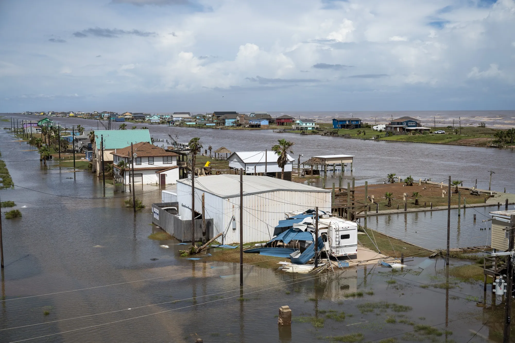 Homes surrounded by flood waters after Hurricane Beryl made landfall in Sargent, Texas, US, on July 8.