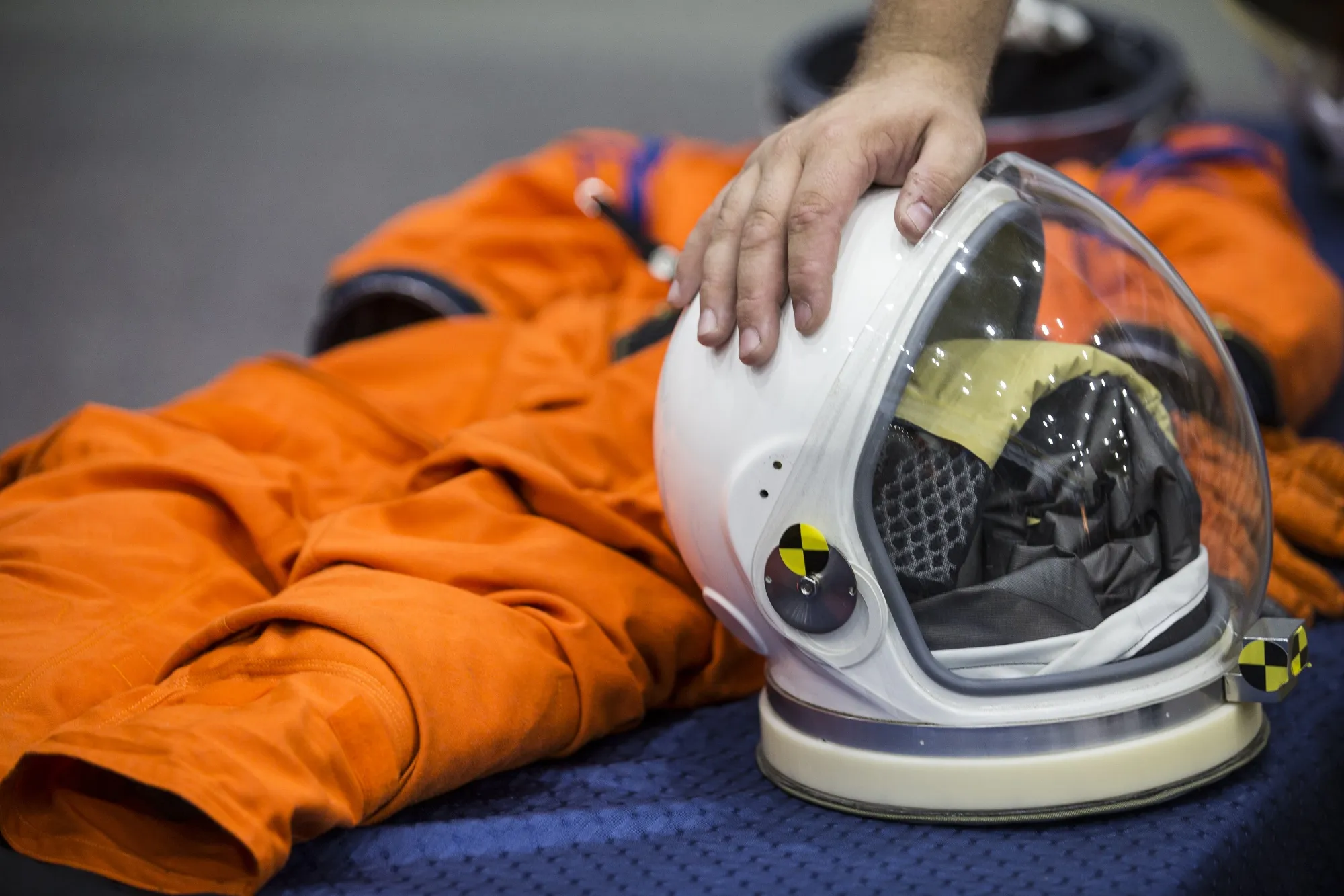 A space suit helmet at NASA's Johnson Space Center in Houston in 2018.