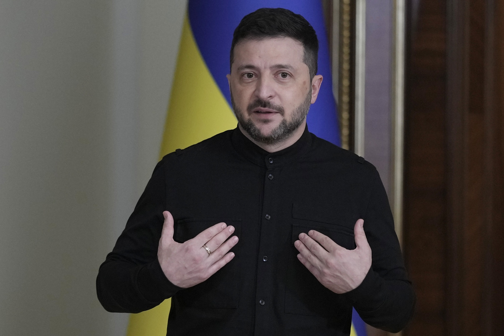 Volodymyr Zelenskiy, Ukraine&#39;s president, at a news conference in Kyiv, Ukraine, on Friday, Oct. 10, 2025. Russia hit Kyiv with a massive drone and missile attack that left parts of the capital without power and disrupted water supply as Moscow targets energy infrastructure ahead of winter. Photographer: Andrew Kravchenko&#x2F;Bloomberg