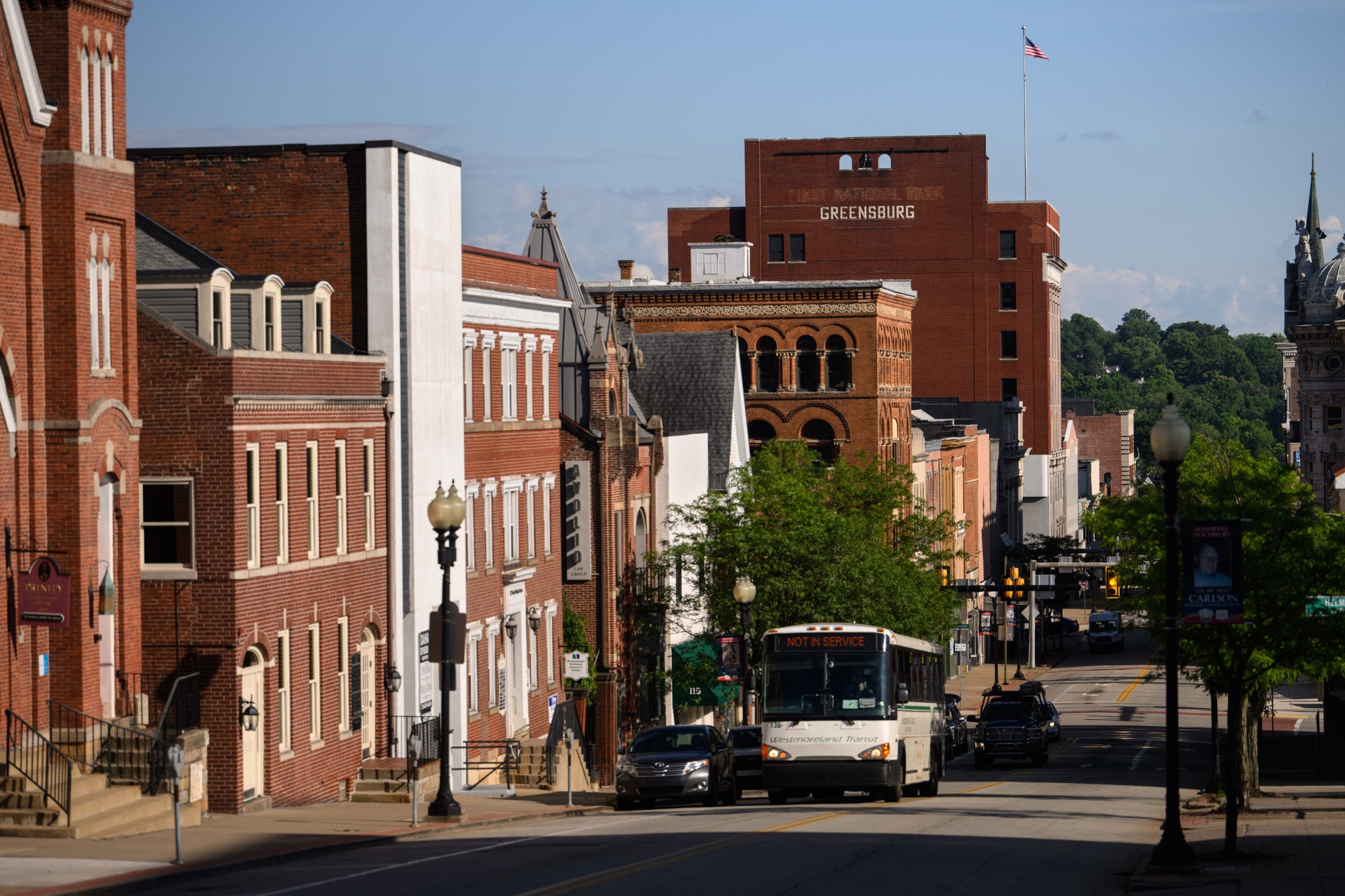 A building with Greensburg displayed on it rises above downtown Greensburg, Pa., the county seat of Westmoreland County, on June 3, 2024.