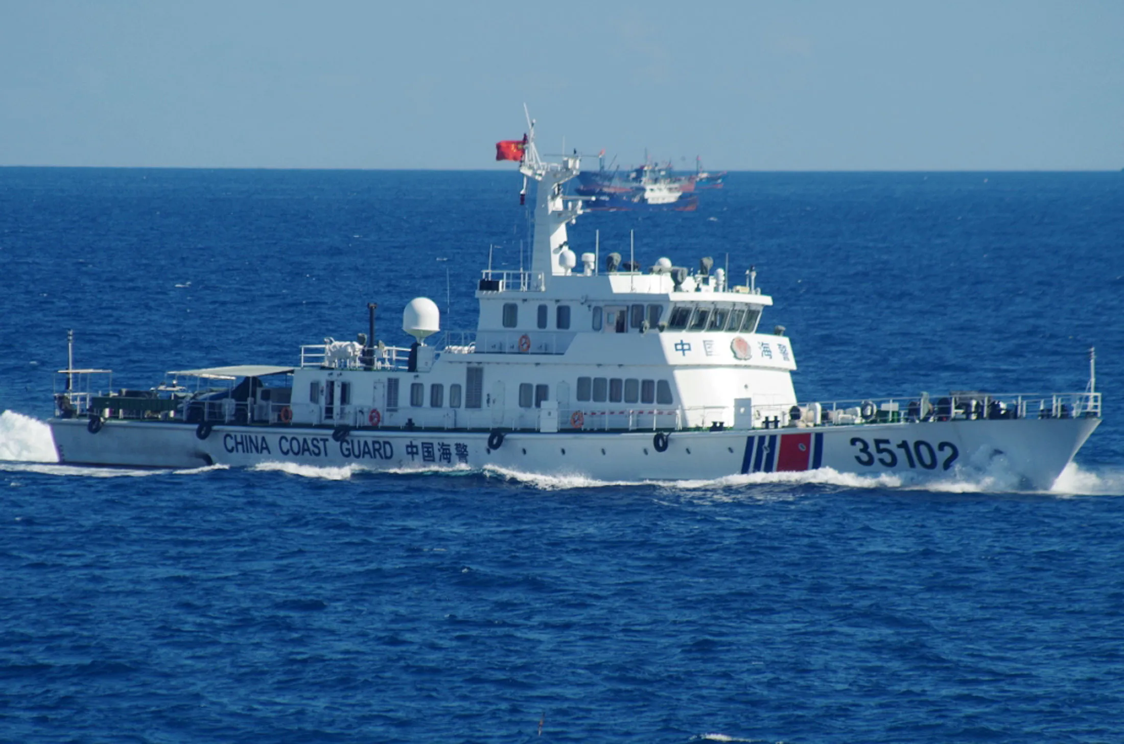 A Chinese coast guard vessel is seen sailing near disputed islands in the East China Sea on Aug. 6, 2016, in a photo released by the Japanese Coast Guard.
