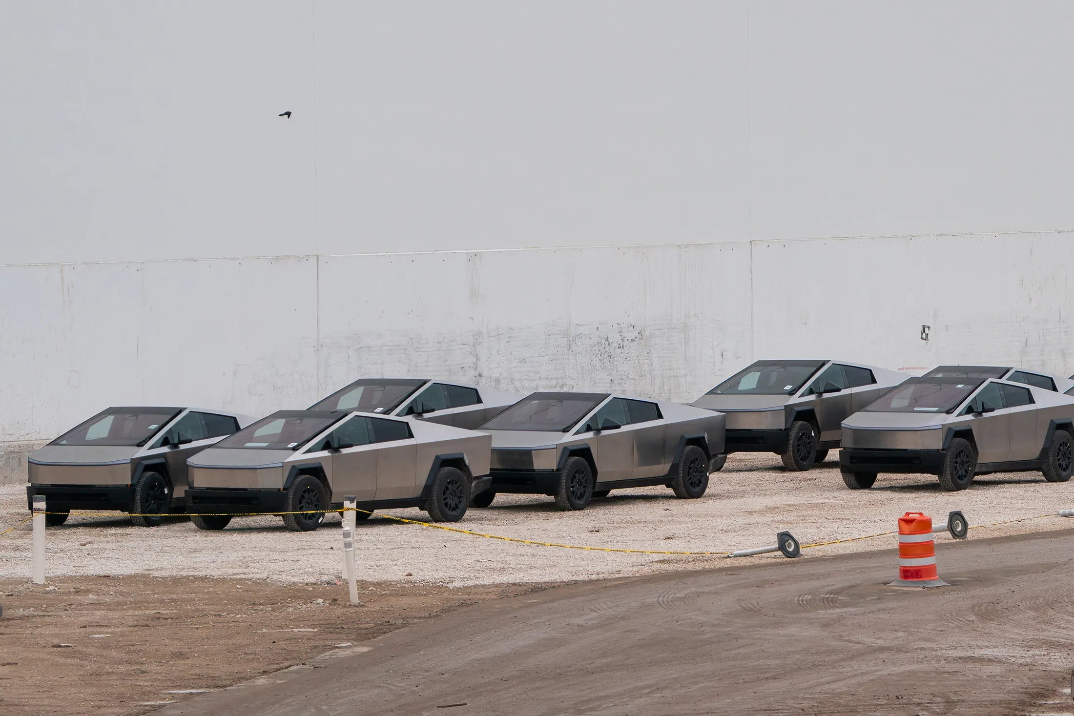 Newly manufactured Cybertrucks parked outside Tesla’s factory in Austin.