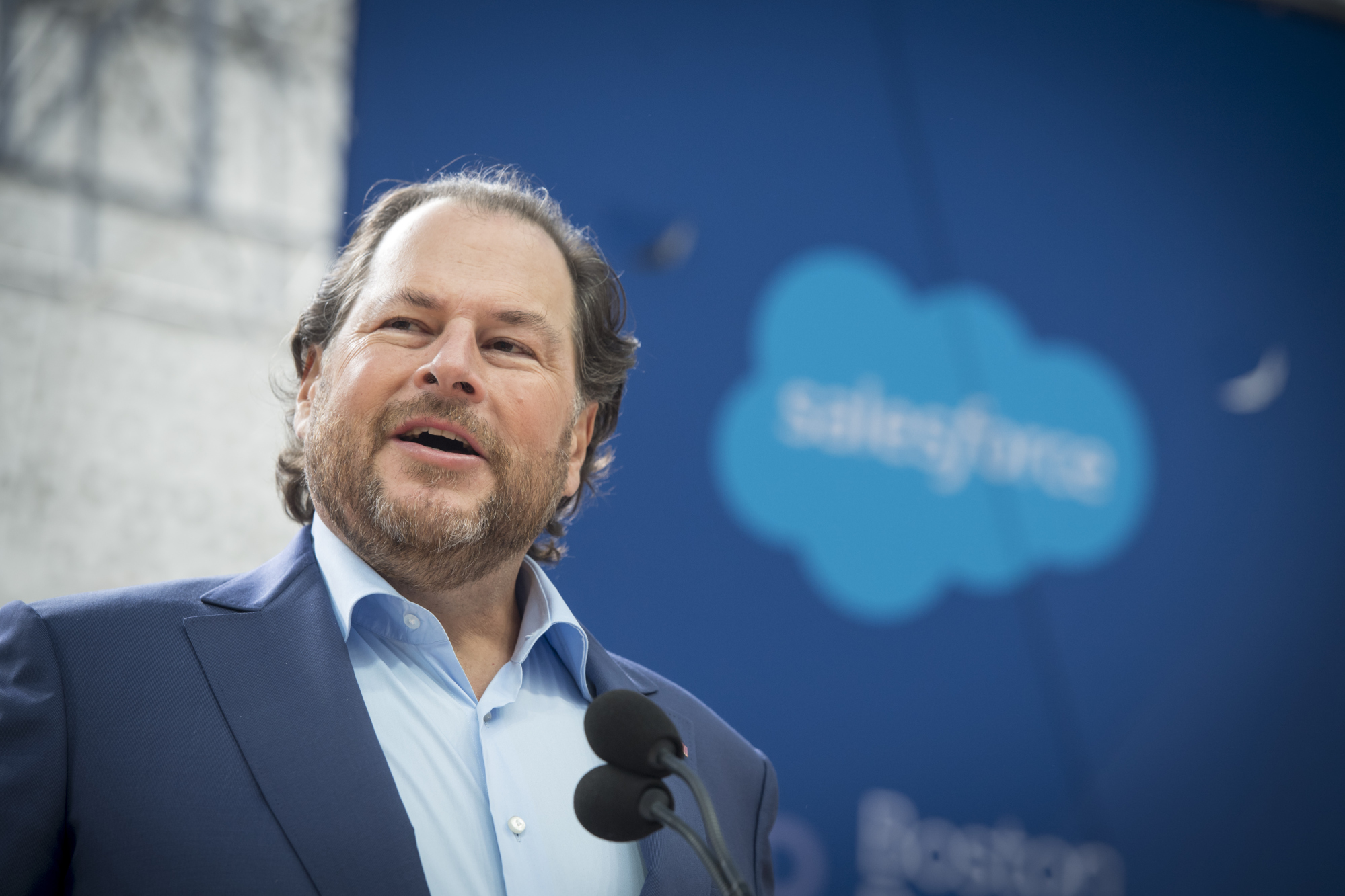 Marc Benioff, chairman and chief executive officer of Salesforce.com Inc., speaks during an event.
