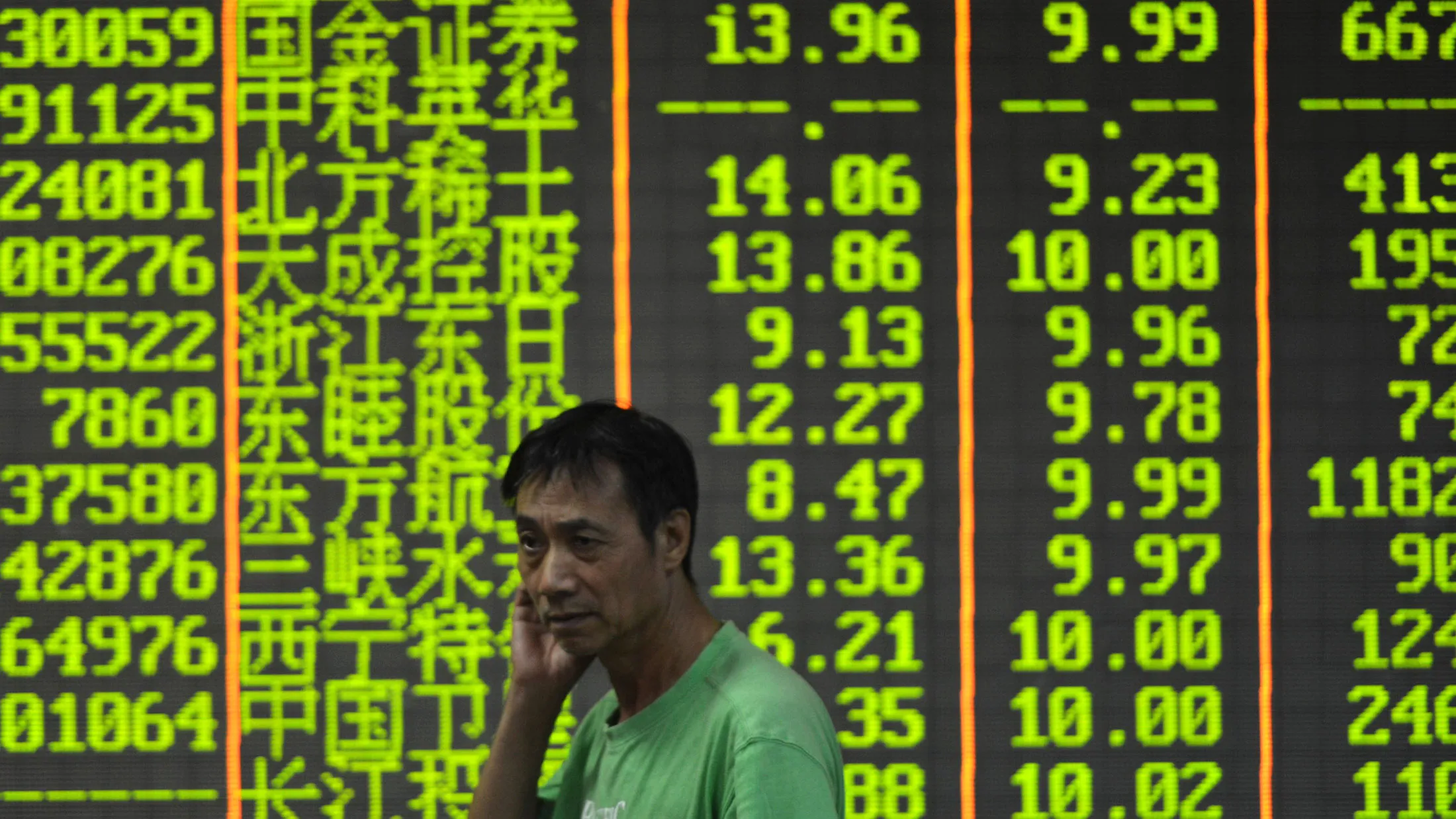 An investor observes stock market at a stock exchange hall on September 2, 2015 in Hangzhou, Zhejiang Province of China.
