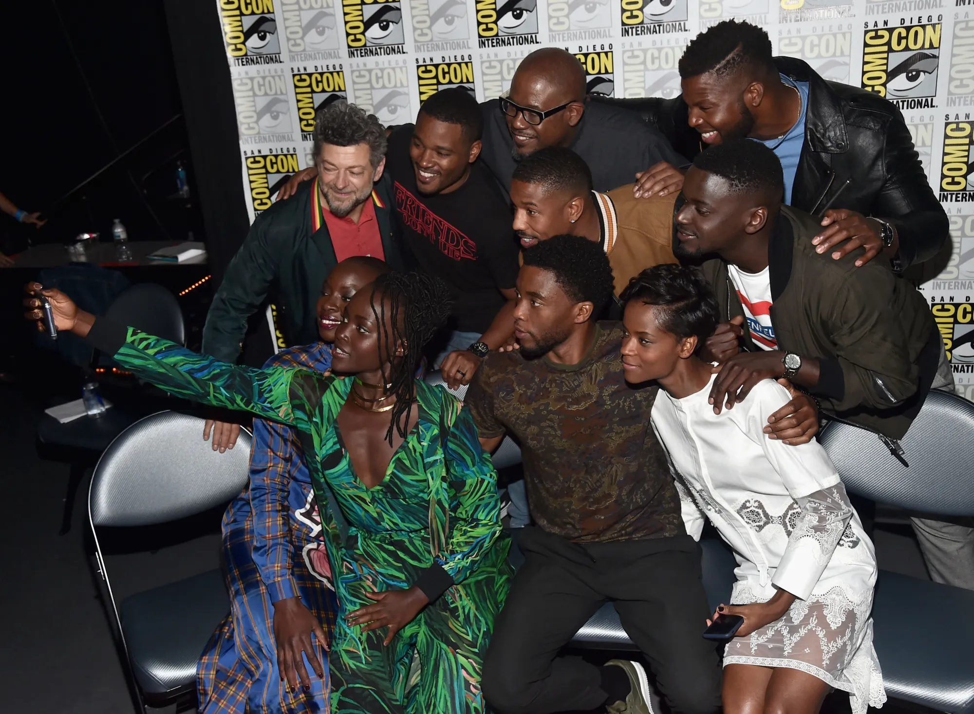 Actors from Marvel Studios' Black Panther pose for a selfie photograph at the San Diego Comic-Con International 2017 Marvel Studios Panel in Hall H on July 22, 2017 in San Diego, California.
