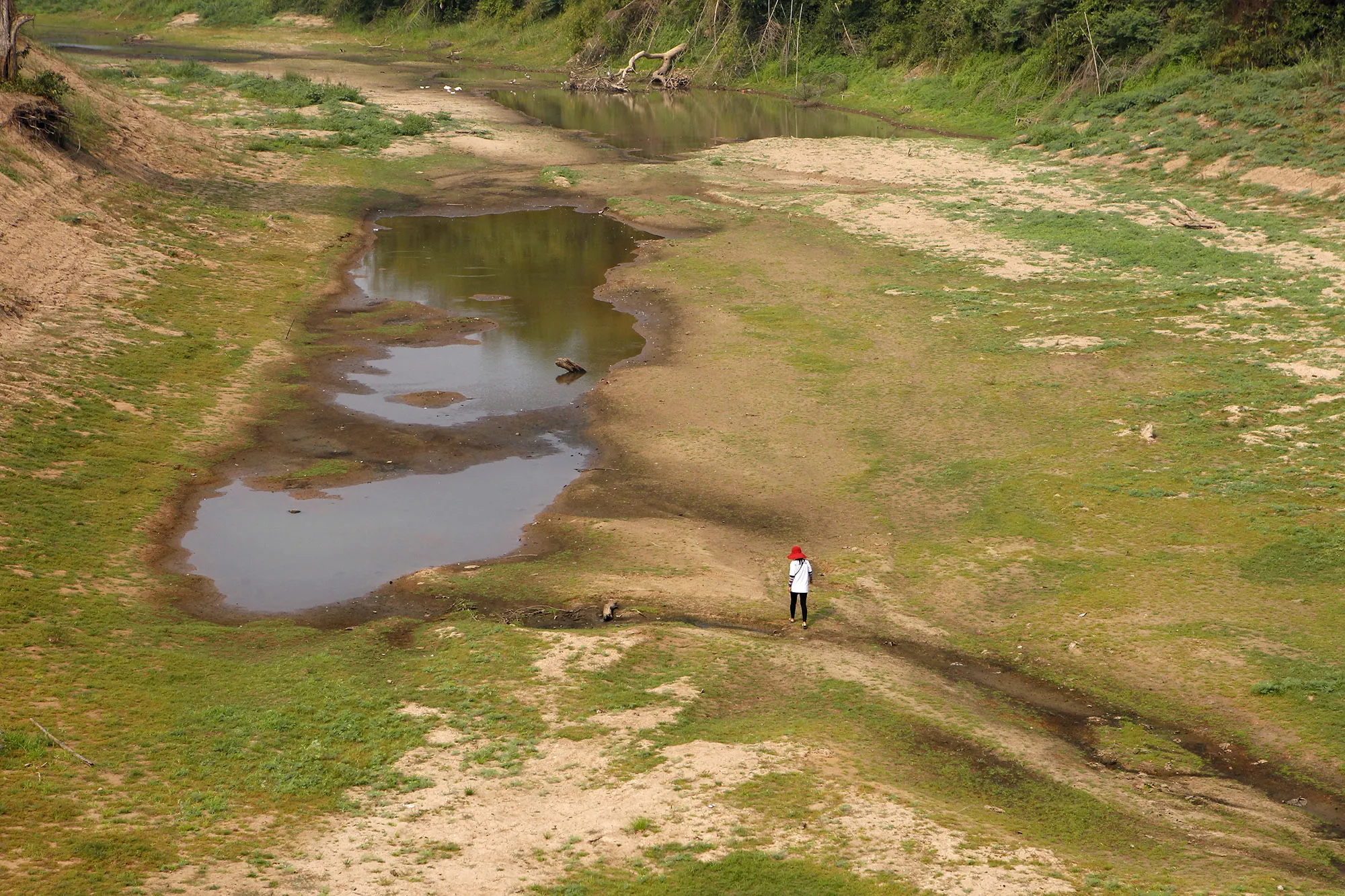 A villager walks around a dry Yom River in Phichit province, north of Bangkok, on Jan. 15.