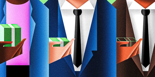Illustration of people in workplace attire receiving a box representing a bonus