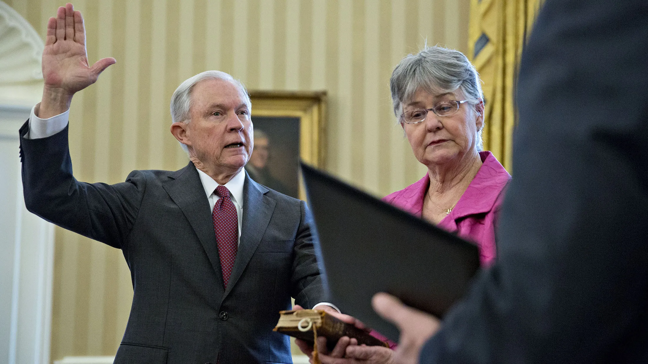 Jeff Sessions, U.S. attorney general, is sworn in at the White House in Washington on Feb. 9, 2017.
