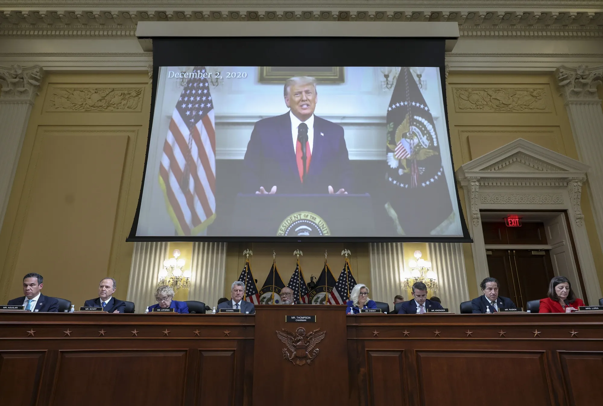 A video of Donald Trump is played on a screen during a hearing of the Select Committee to Investigate the January 6th Attack on the US Capitol in October.&nbsp;