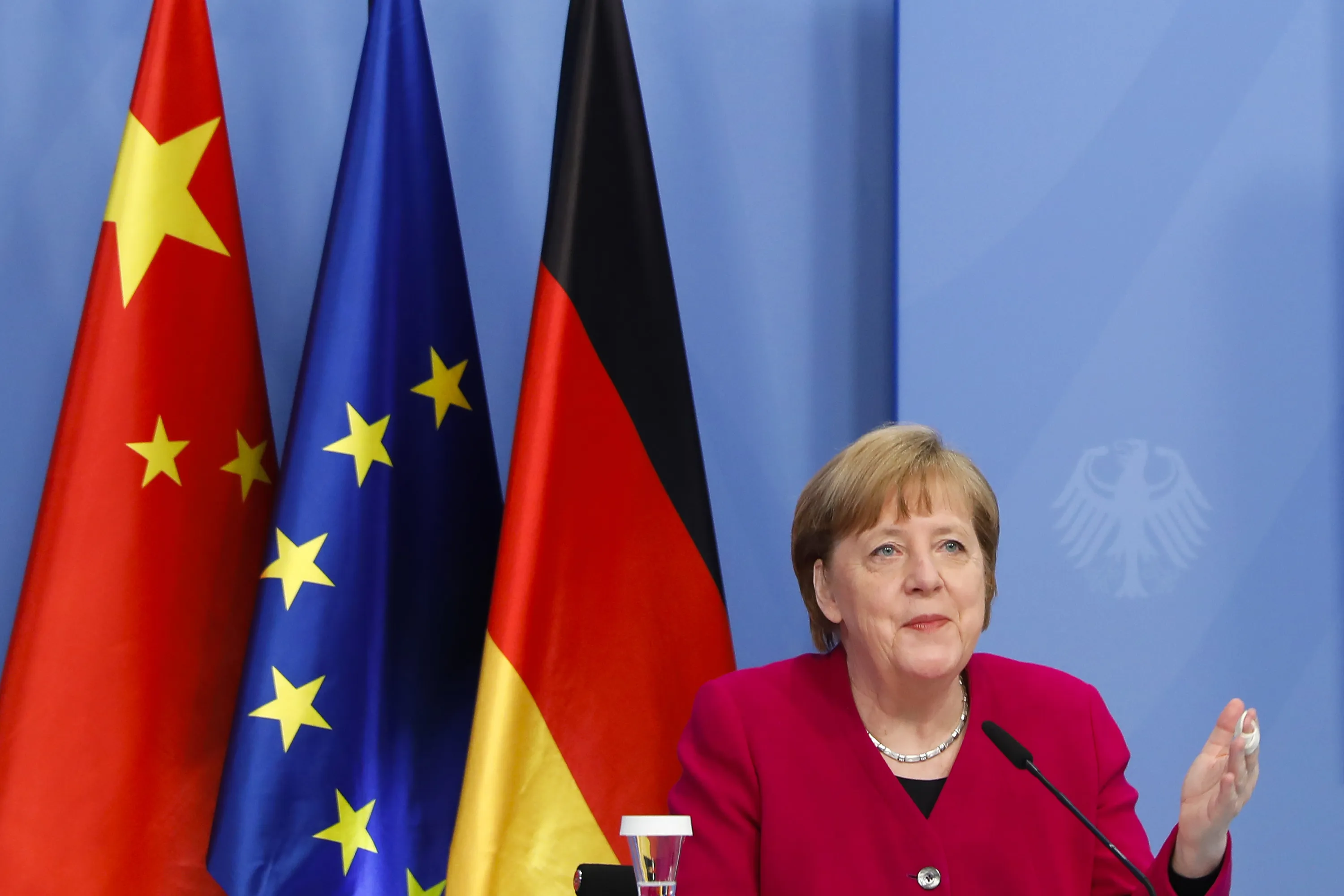 Angela Merkel attends virtual talks with&nbsp;Li Keqiang in Berlin&nbsp;on April 28.