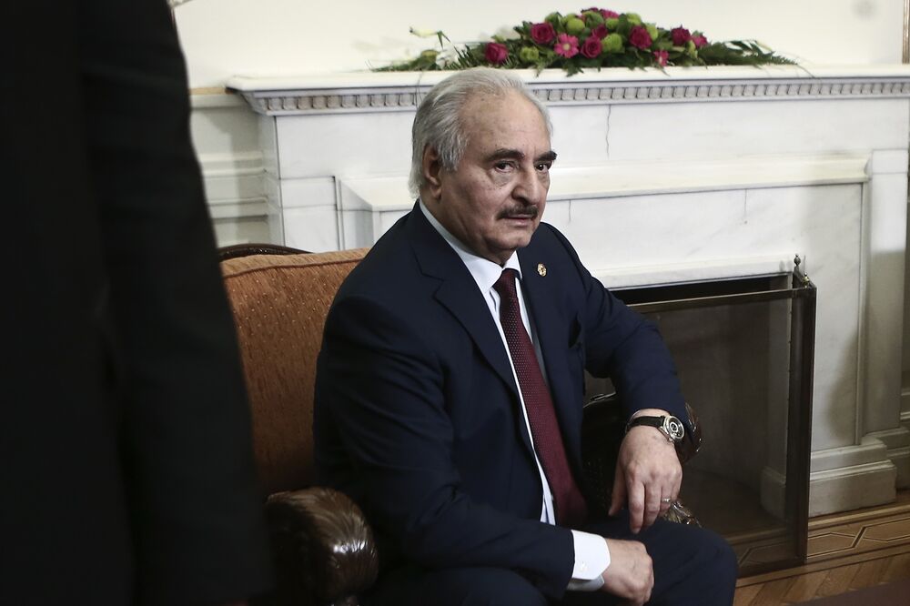 Field Marshal Khalifa Haftar, leader of the Libyan National Army (LNA) during his meeting with Greek Foreign Ministrer at the ministry of foreign affairs, in Athens, Greece, on January 17, 2020