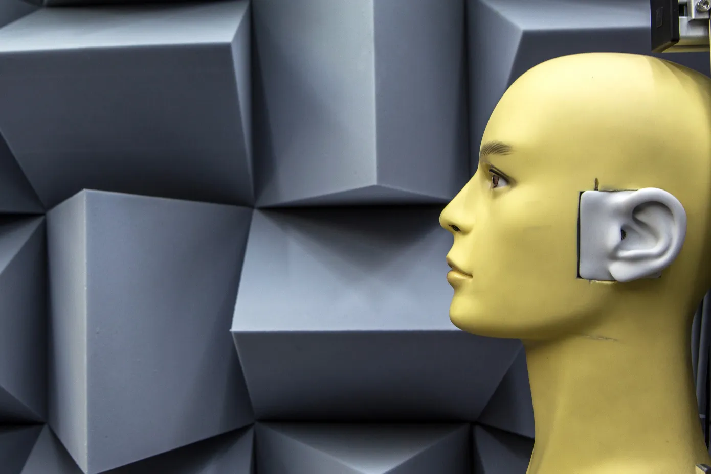 A high tech dummy head for testing sound perception sits in an anechoic chamber at the Noveto Systems Ltd. office in Petach Tikva, Israel, on Tuesday, Feb. 14, 2017. The Sowlo system constantly tracks the user's position and dynamically focuses the audio beams to follow the user's ears, creating unique abilities to: Consume sound in a personal manner, avoid disturbing others &amp; create a new dimension in 3D, directional sound interface, according to the Noveto website.
