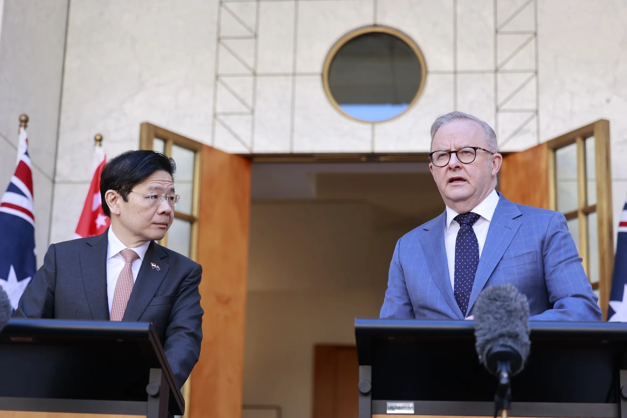 Lawrence Wong, left, and&nbsp;Anthony Albanese at Parliament House in Canberra,&nbsp;on Oct.&nbsp;08.