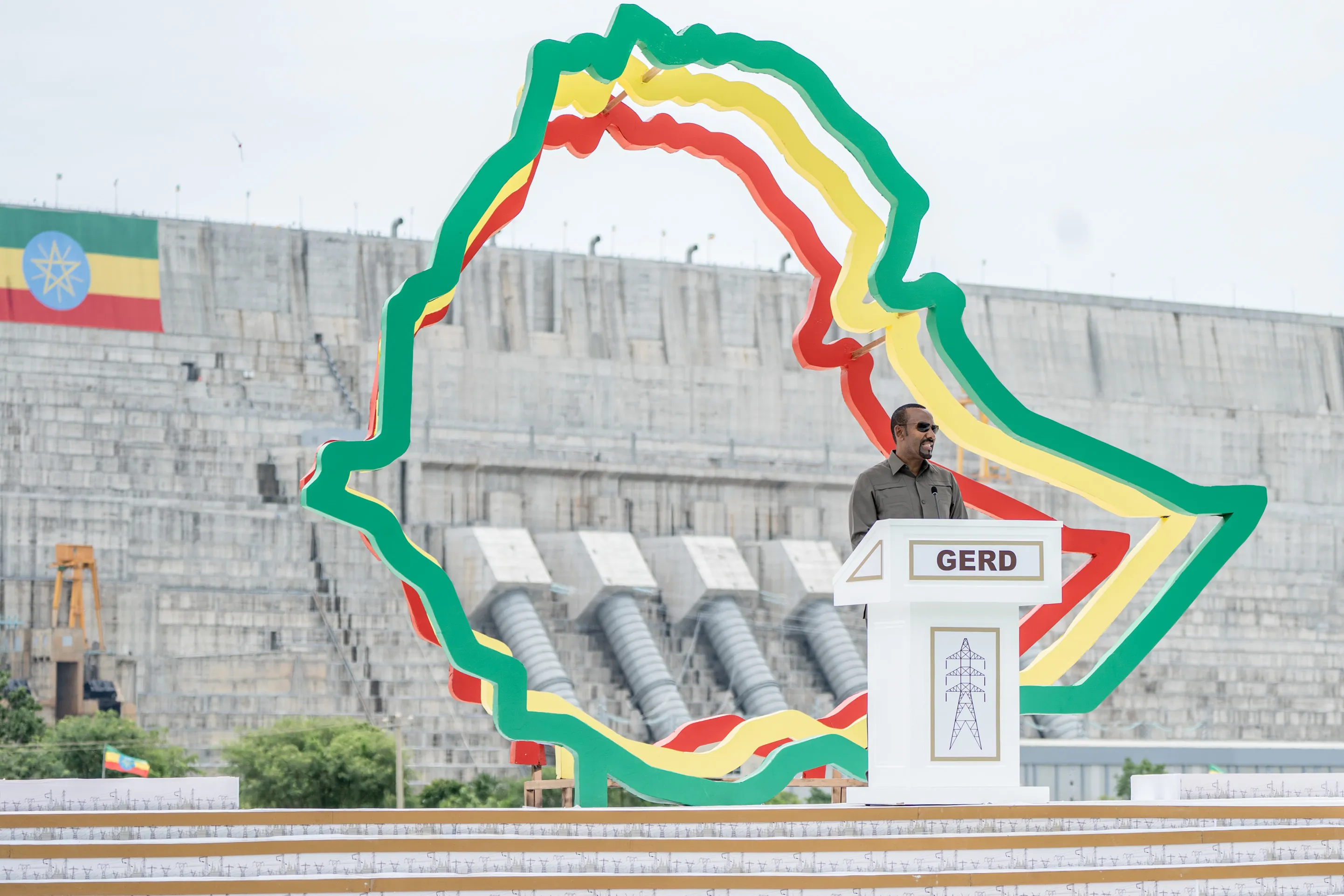 Ethiopian Prime Minister Abiy Ahmed speaks during the Grand Ethiopian Renaissance Dam opening ceremony in Guba on Sept. 9.