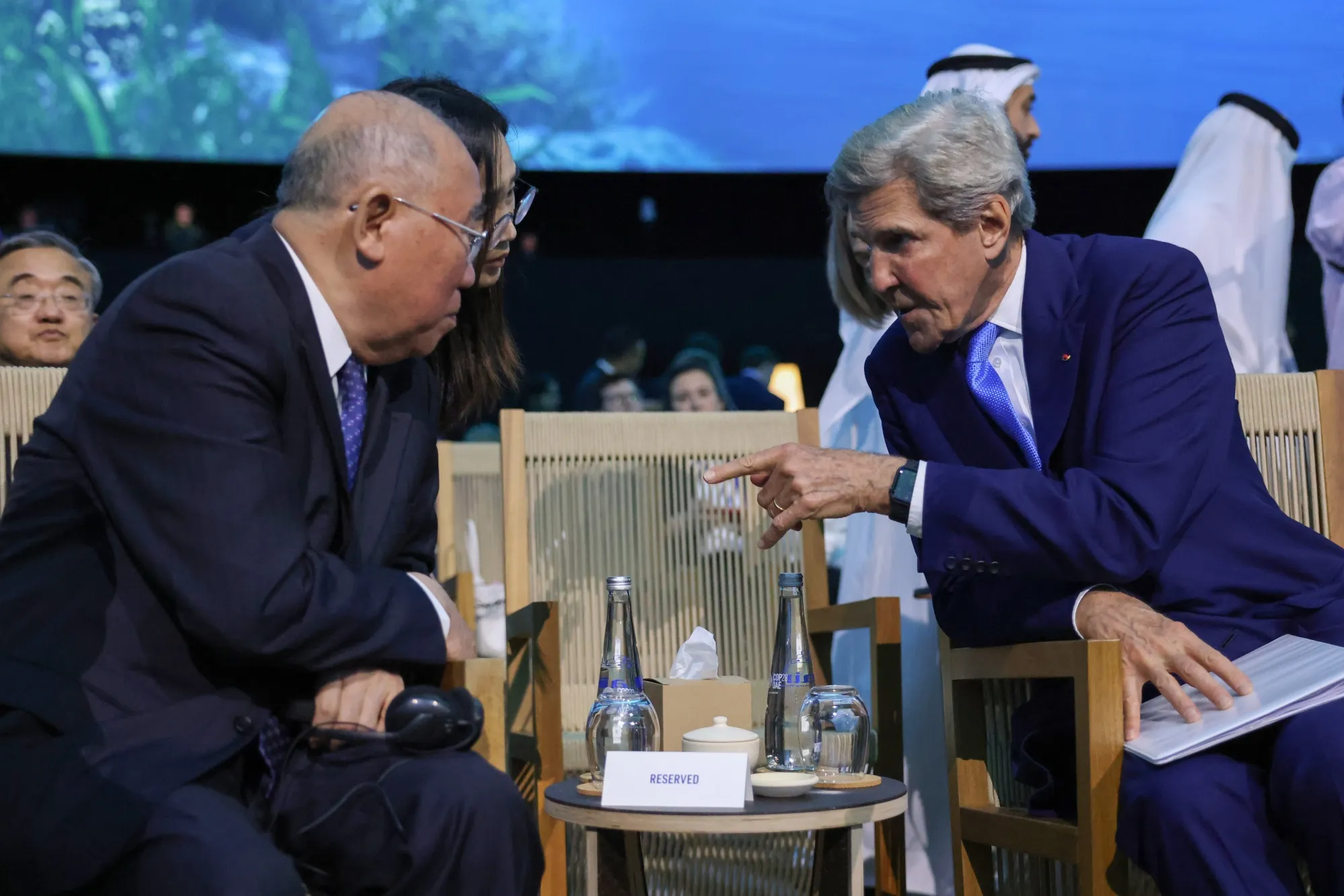 Xie Zhenhua, China's special envoy for climate change, left, and John Kerry, US special presidential envoy for climate, at COP28 in Dubai.
